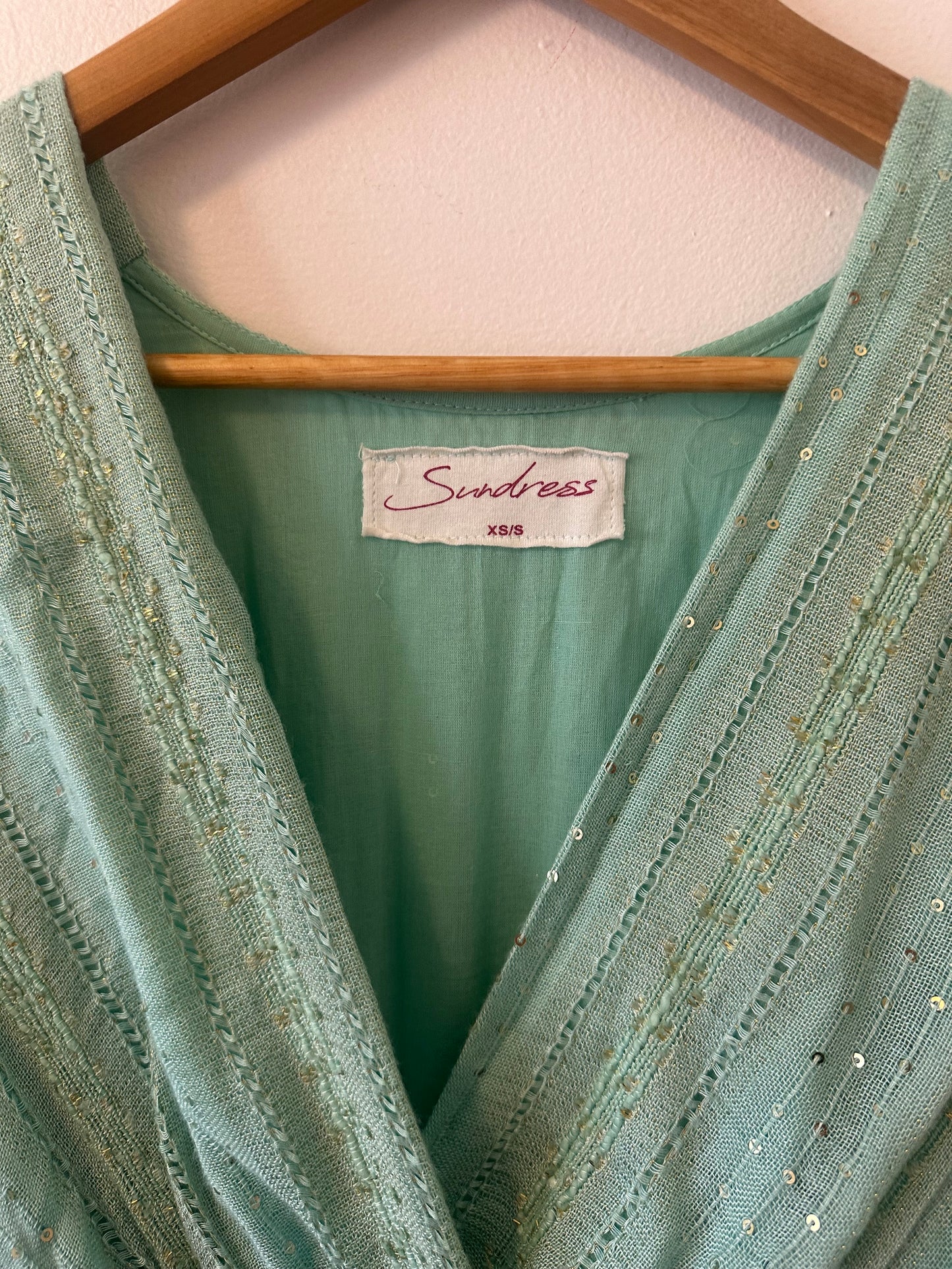 Sundress Mint Green Metallic Sequin Wrap Maxi Dress | Size XS/S