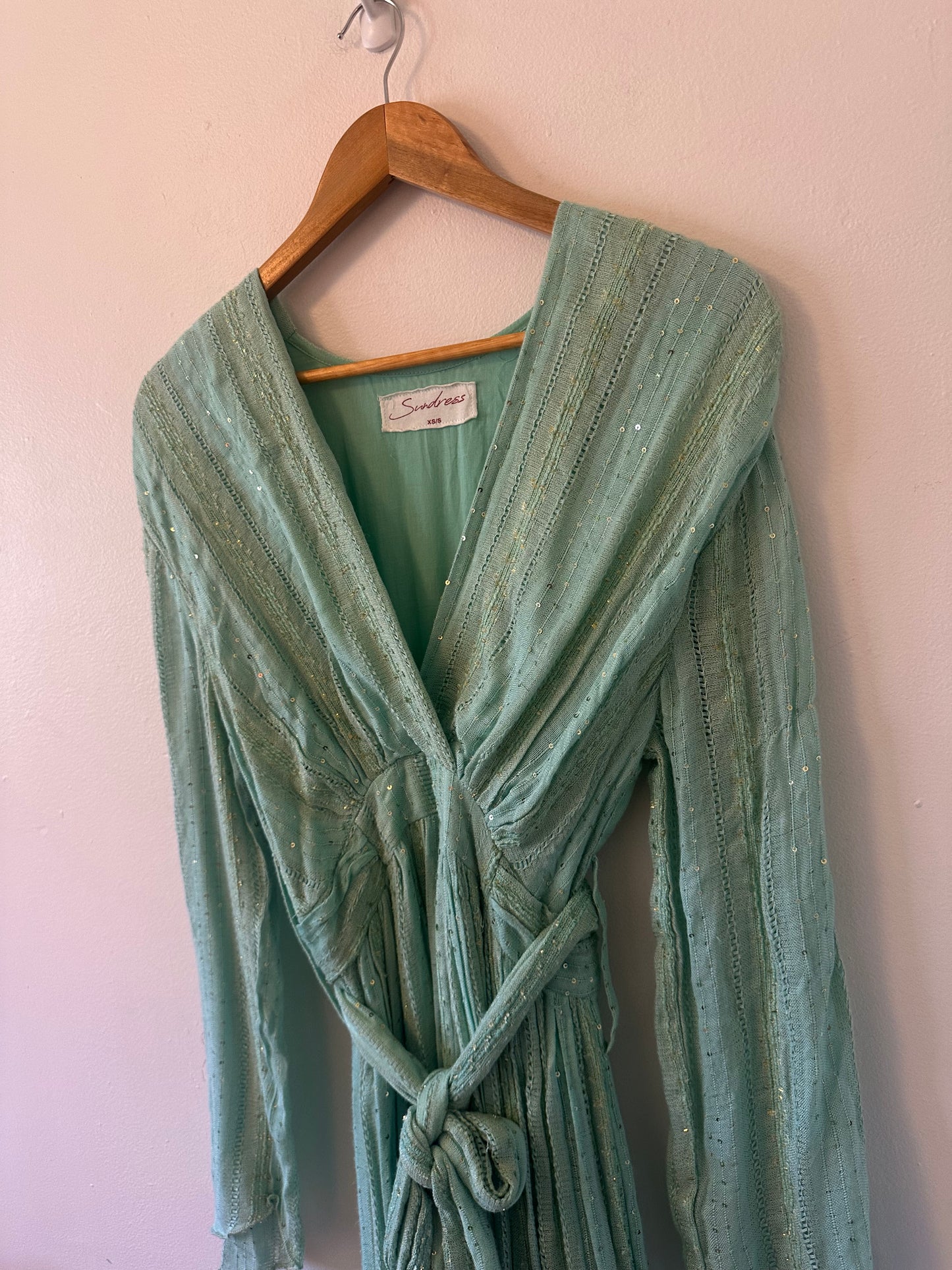 Sundress Mint Green Metallic Sequin Wrap Maxi Dress | Size XS/S