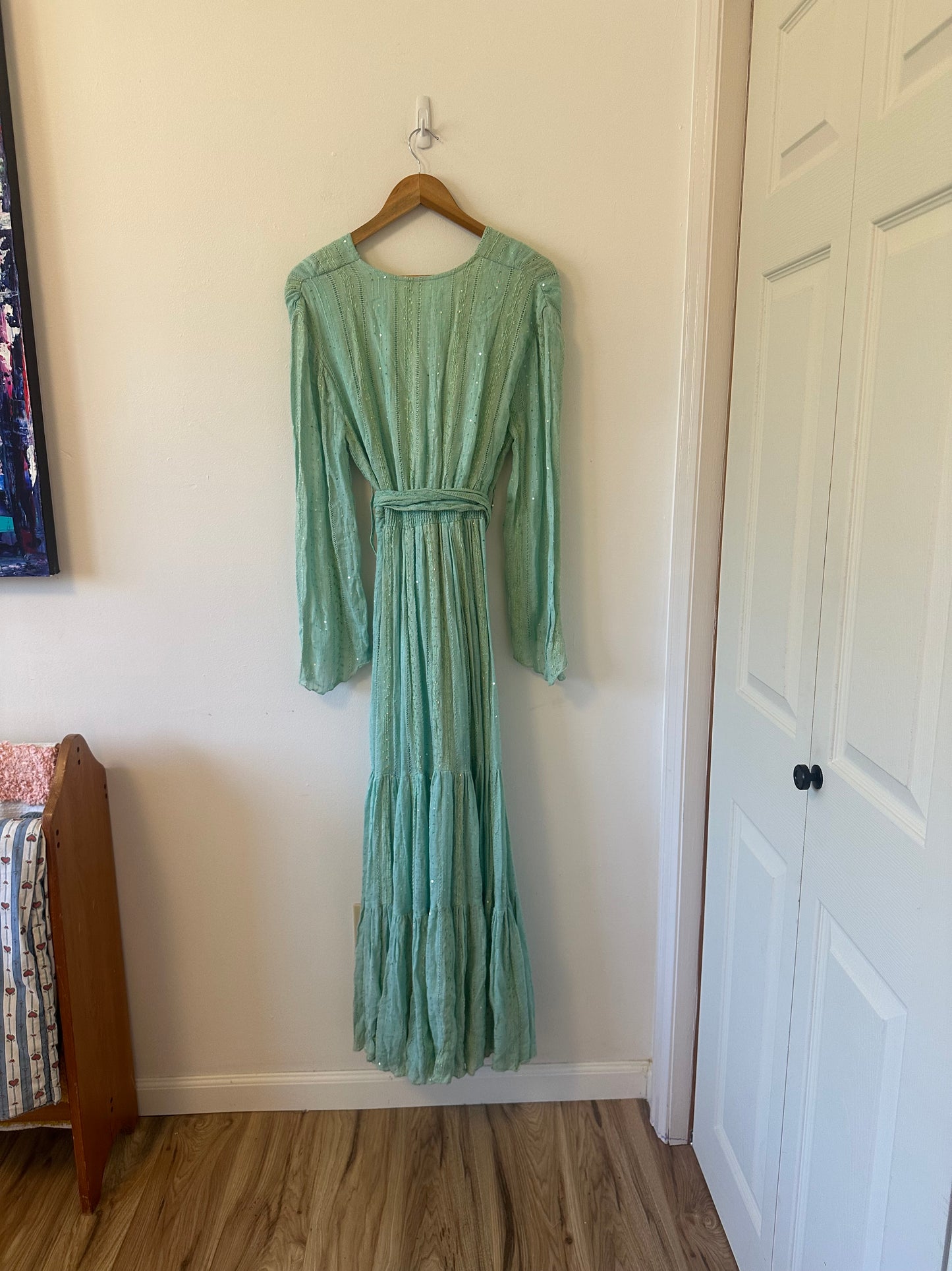 Sundress Mint Green Metallic Sequin Wrap Maxi Dress | Size XS/S