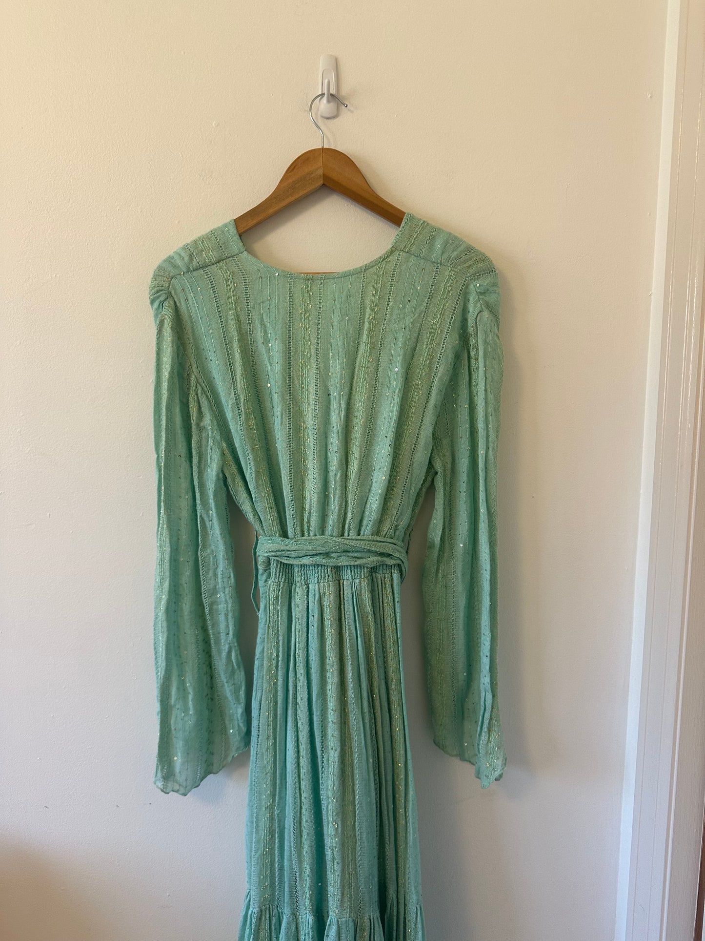Sundress Mint Green Metallic Sequin Wrap Maxi Dress | Size XS/S
