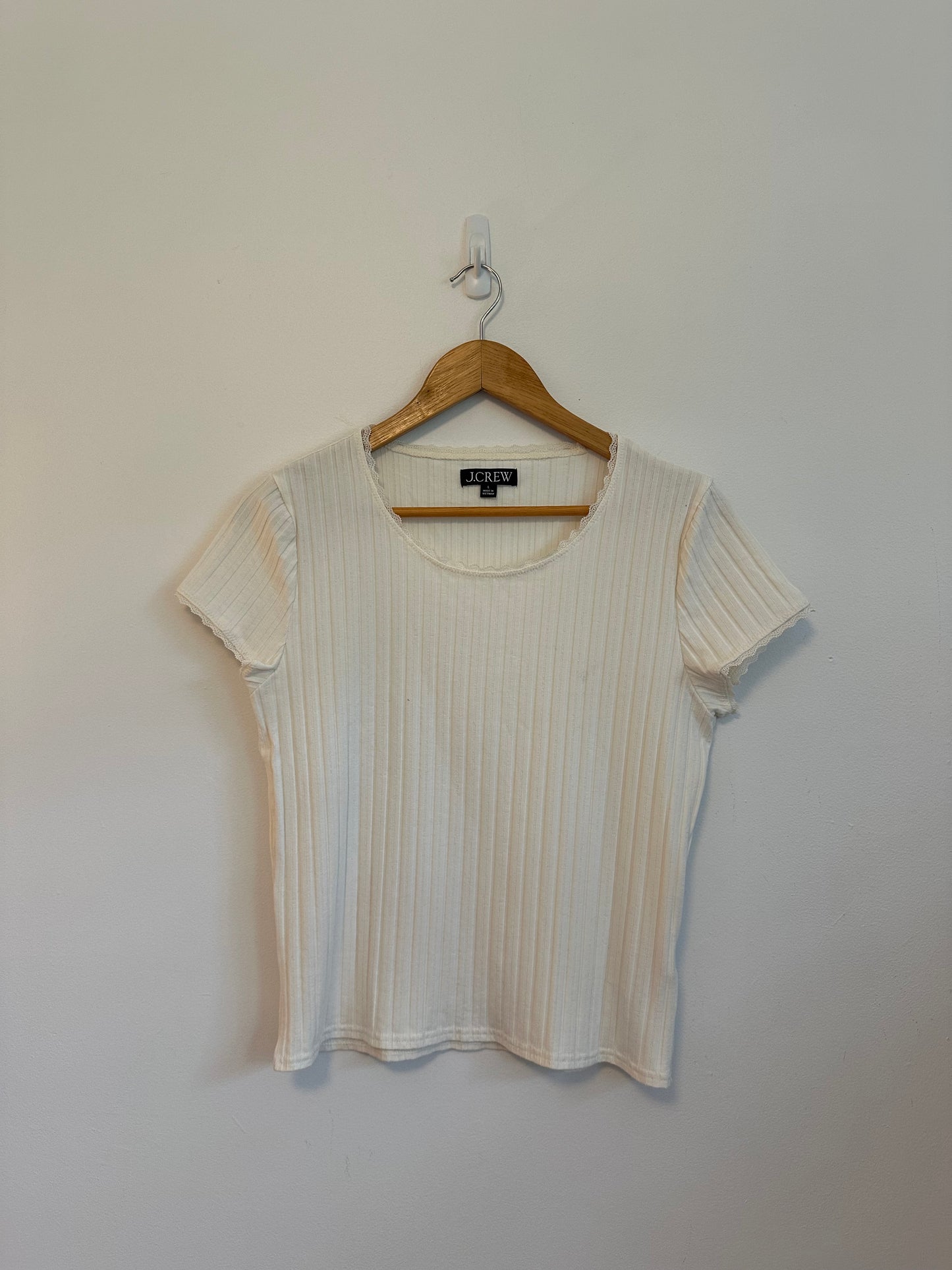 J. Crew Ivory Ribbed Lace Trim Scoop Neck Short Sleeve T-Shirt | Size Large