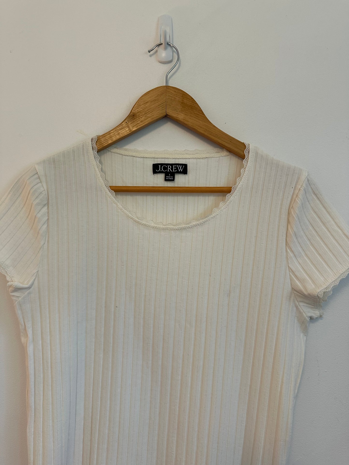 J. Crew Ivory Ribbed Lace Trim Scoop Neck Short Sleeve T-Shirt | Size Large