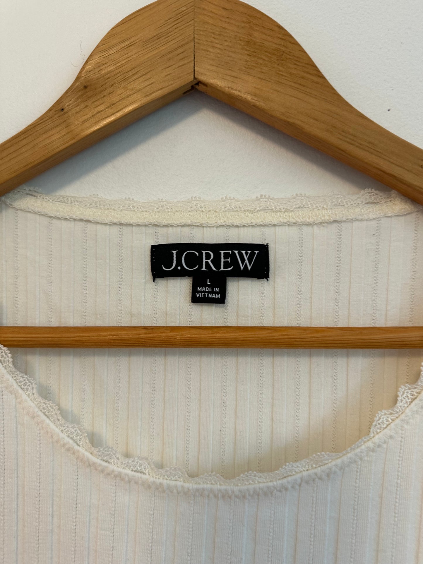 J. Crew Ivory Ribbed Lace Trim Scoop Neck Short Sleeve T-Shirt | Size Large