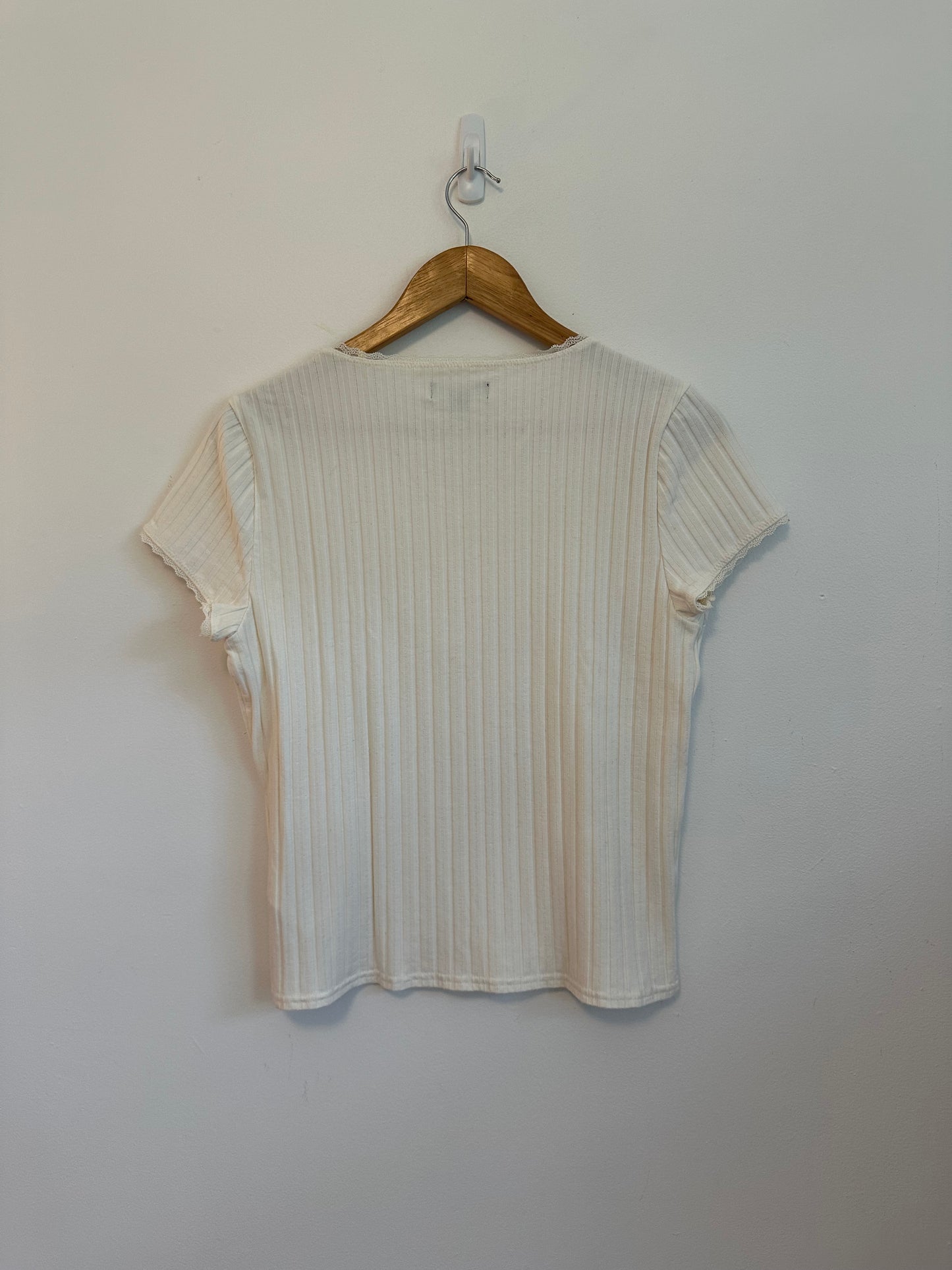 J. Crew Ivory Ribbed Lace Trim Scoop Neck Short Sleeve T-Shirt | Size Large