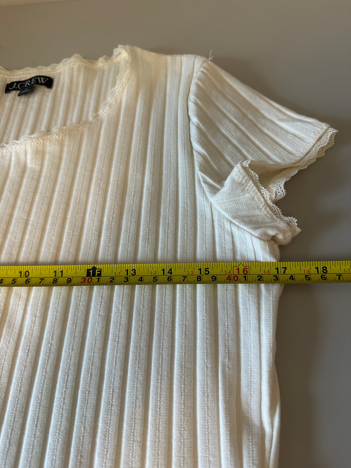 J. Crew Ivory Ribbed Lace Trim Scoop Neck Short Sleeve T-Shirt | Size Large