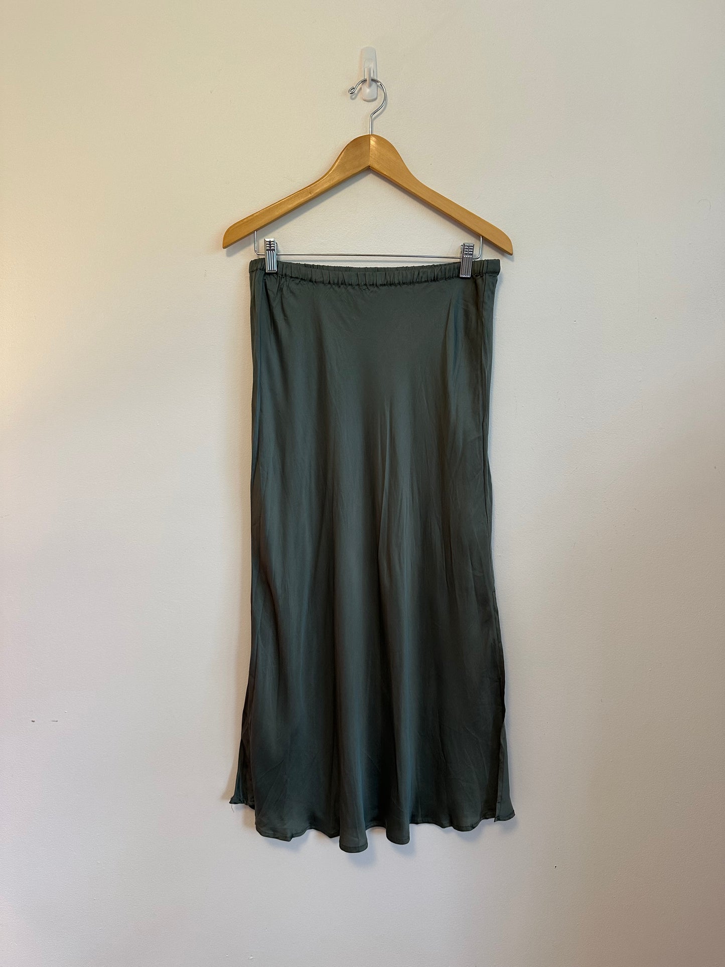 Young Fabulous & Broke Olive Green Satin Midi Slip Skirt | Size Large