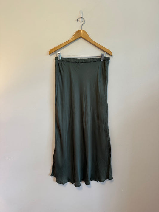 Young Fabulous & Broke Olive Green Satin Midi Slip Skirt | Size Large