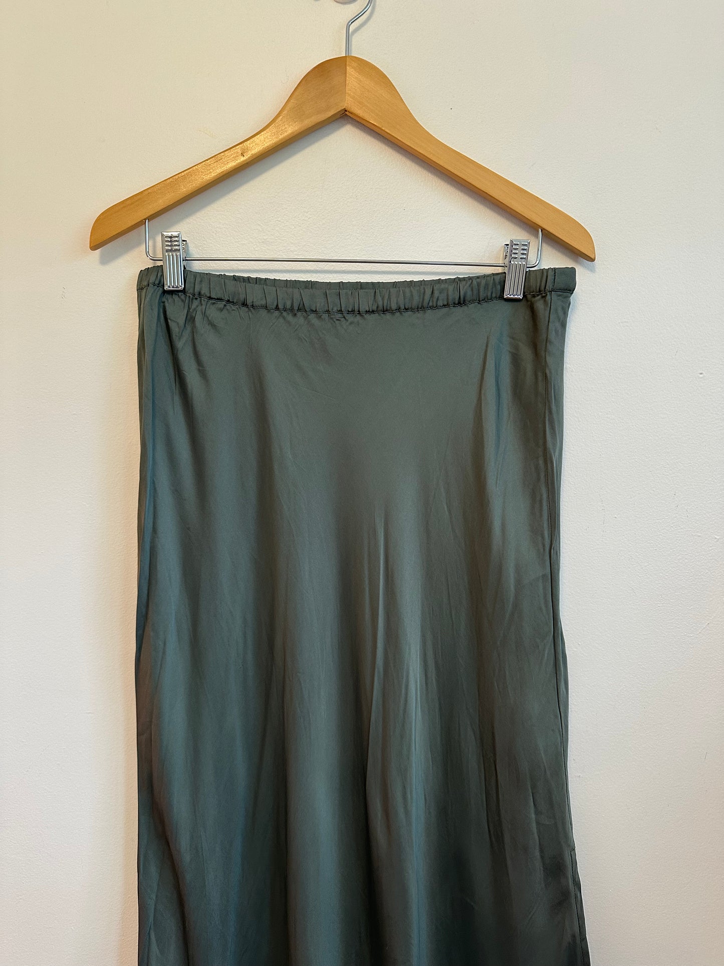 Young Fabulous & Broke Olive Green Satin Midi Slip Skirt | Size Large