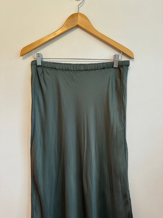 Young Fabulous & Broke Olive Green Satin Midi Slip Skirt | Size Large