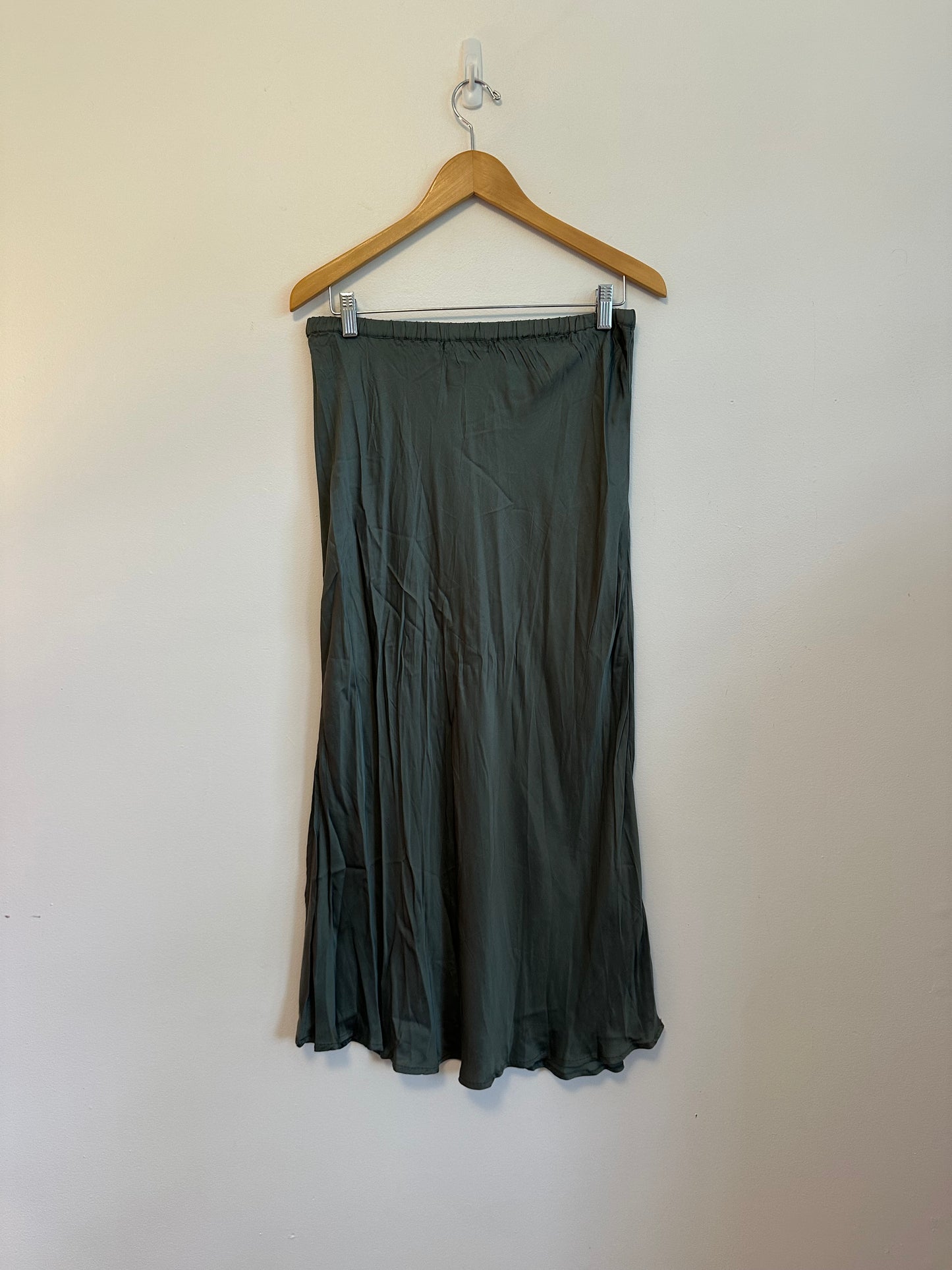 Young Fabulous & Broke Olive Green Satin Midi Slip Skirt | Size Large