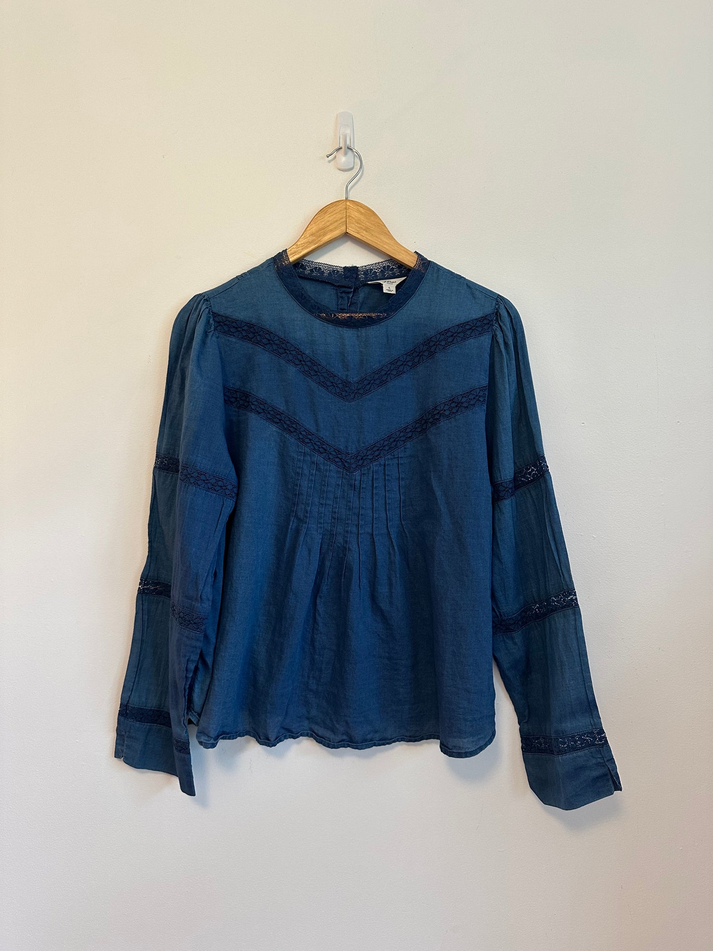 J. Crew Blue Cotton Lace Trim Pintuck Long Sleeve Blouse | Size Large