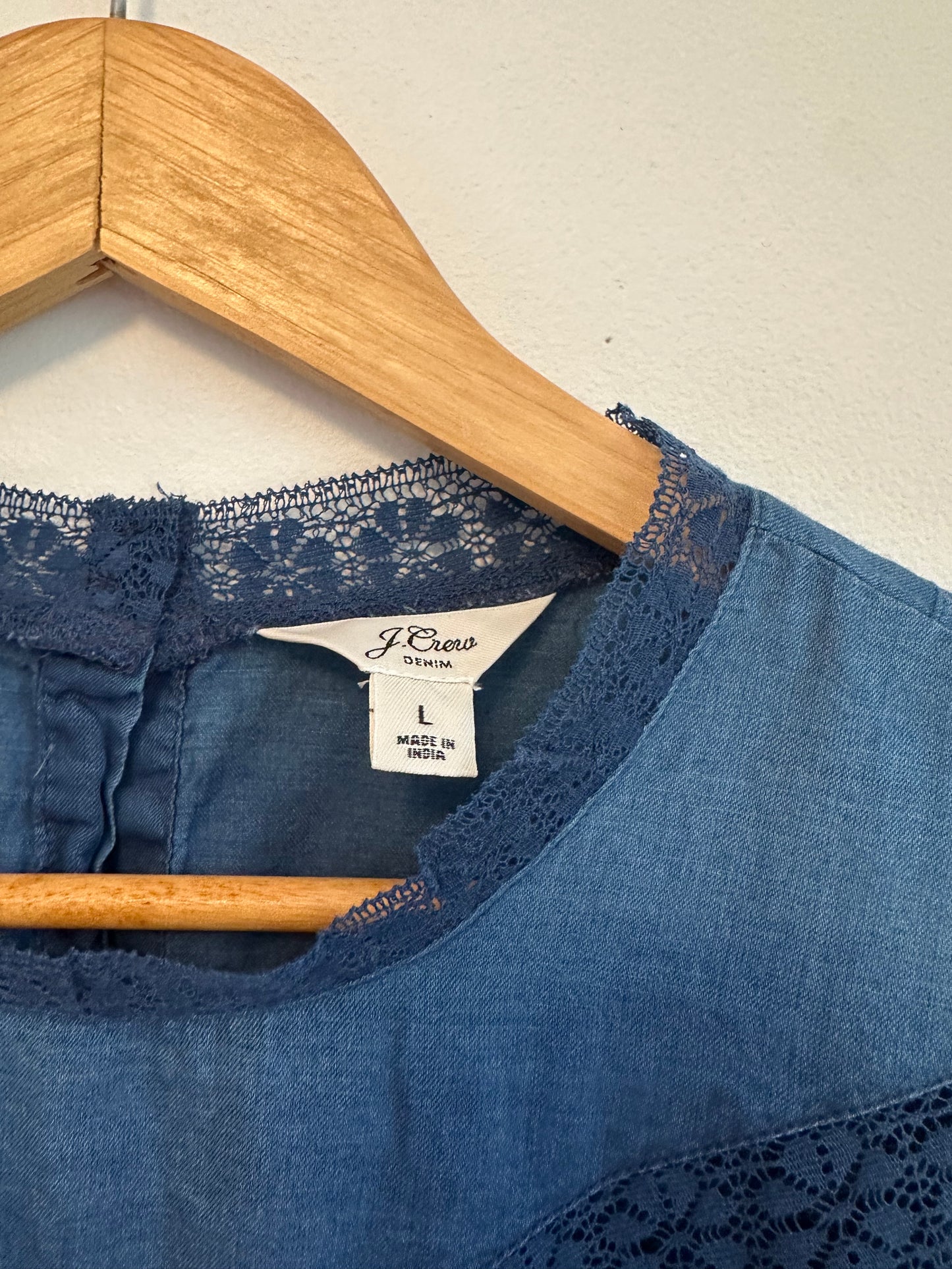 J. Crew Blue Cotton Lace Trim Pintuck Long Sleeve Blouse | Size Large