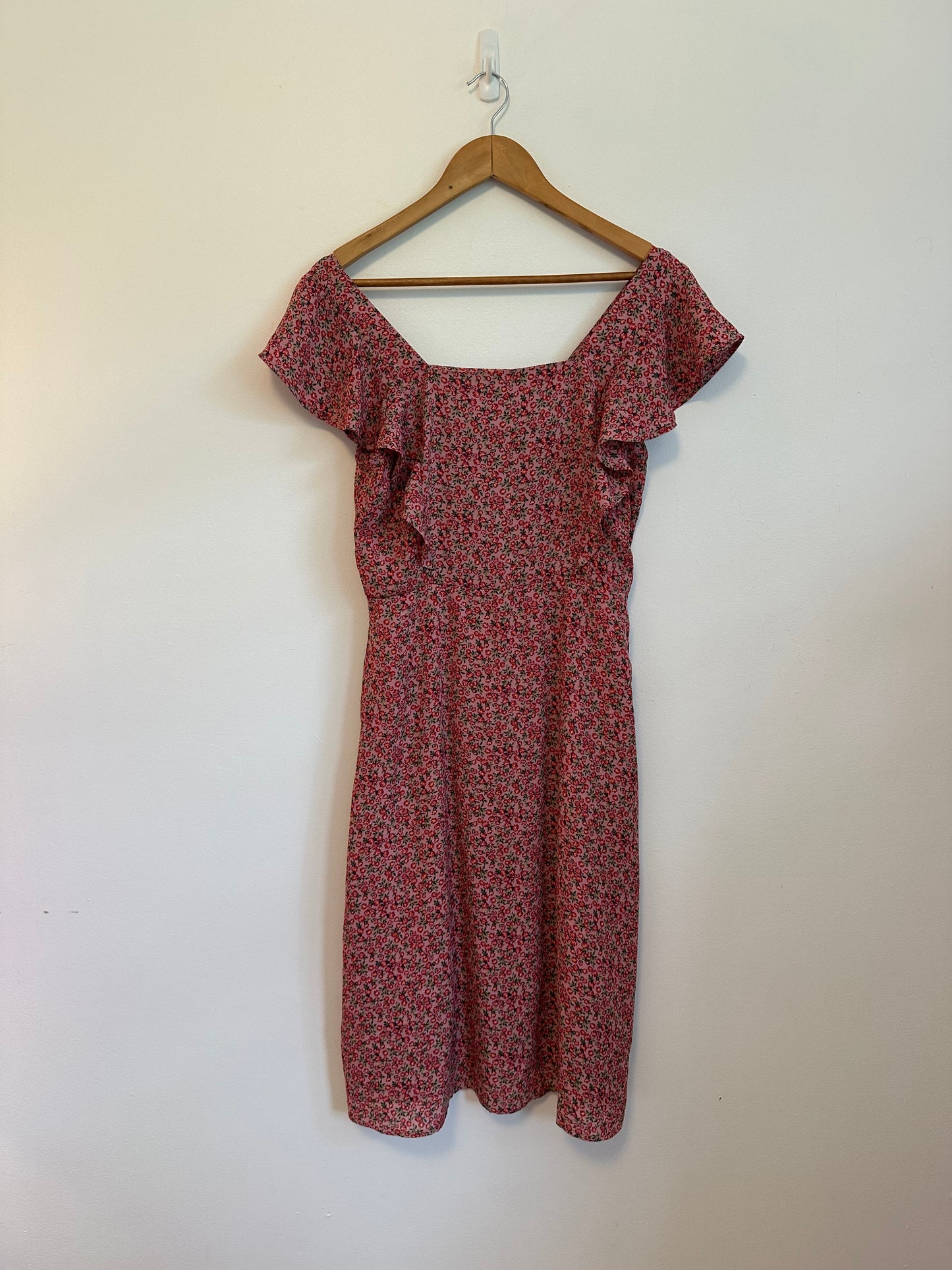 Monteau Los Angeles Pink Floral Ruffle Square Neck Dress | Size Large