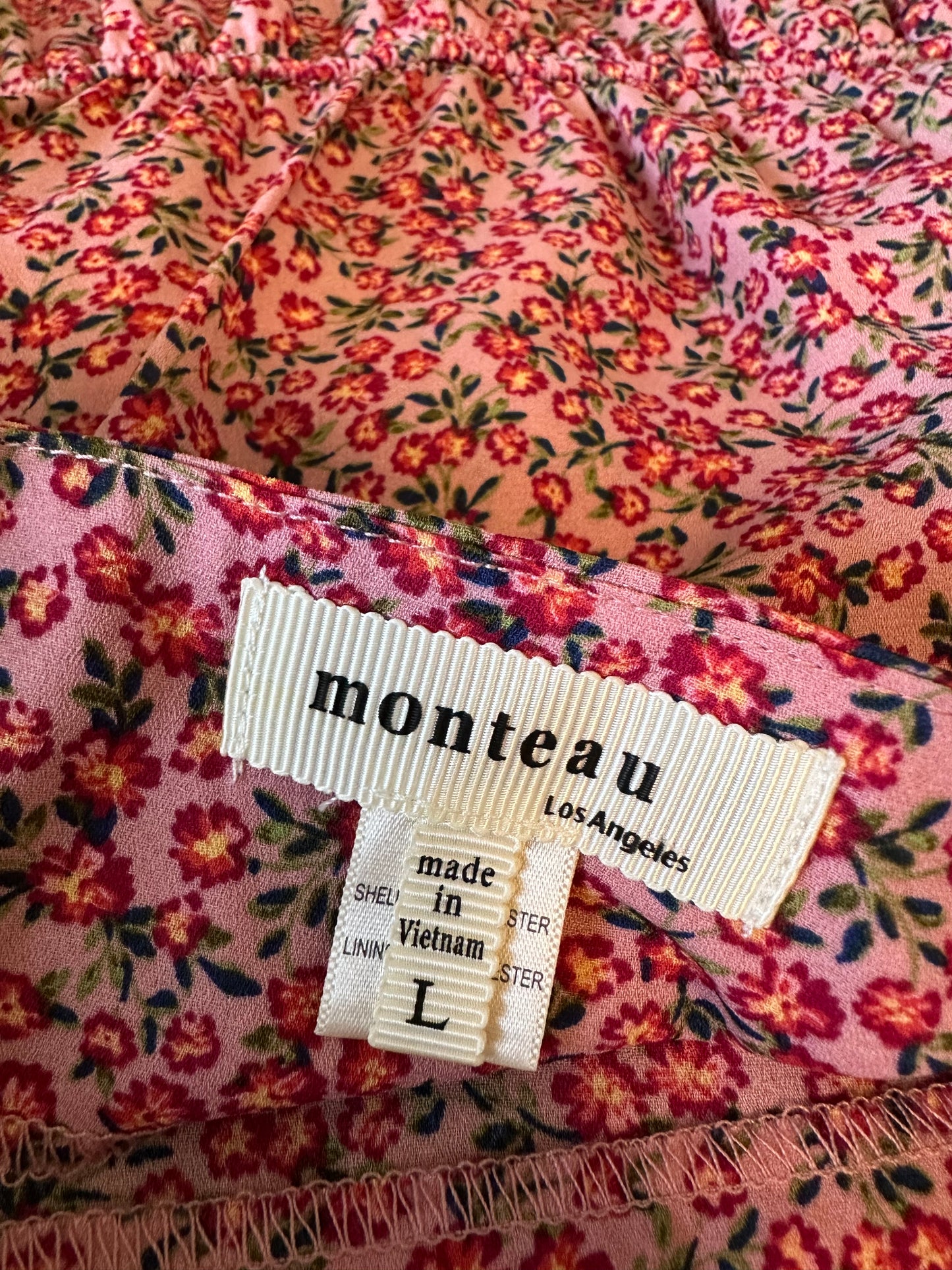 Monteau Los Angeles Pink Floral Ruffle Square Neck Dress | Size Large