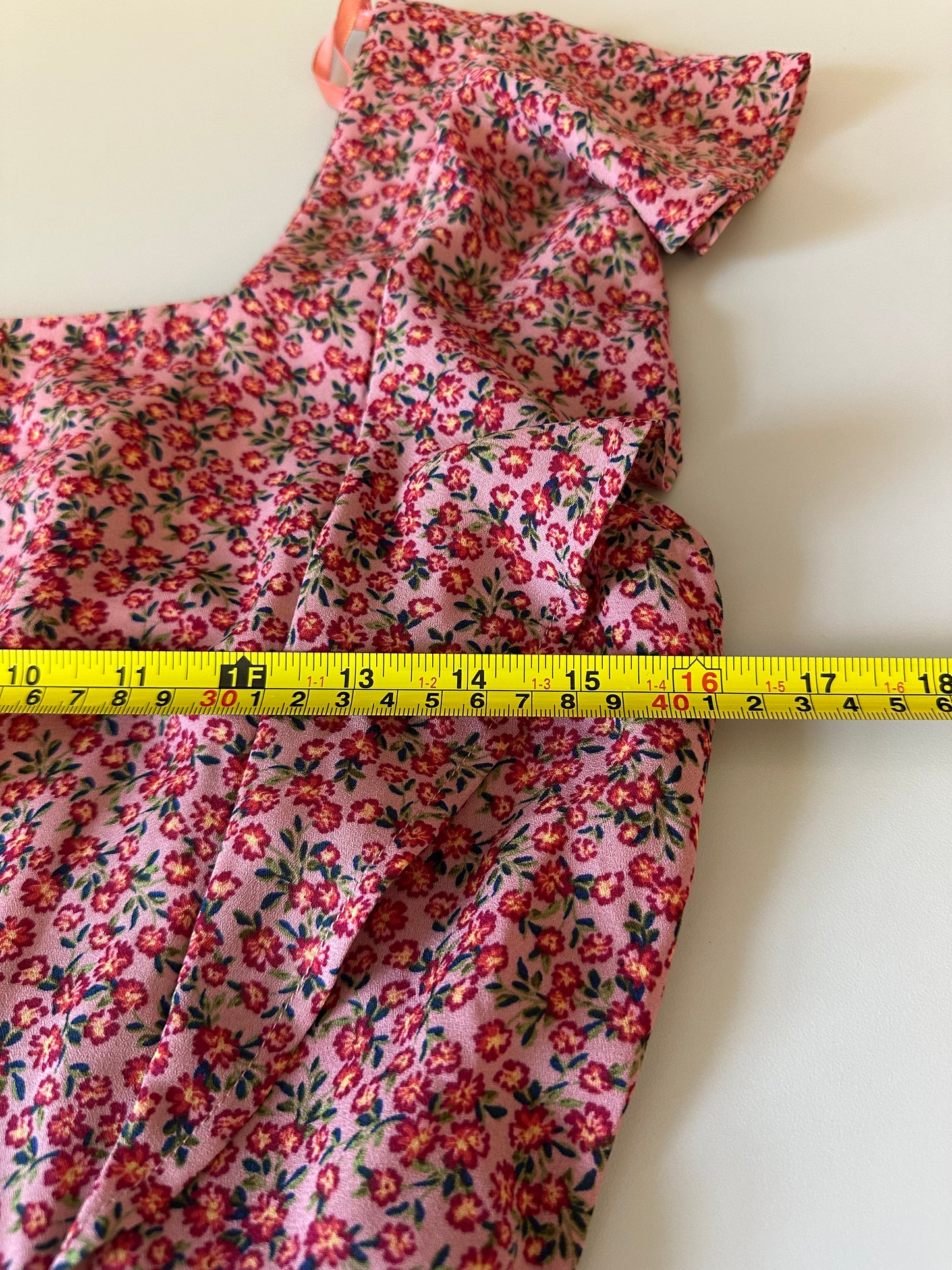 Monteau Los Angeles Pink Floral Ruffle Square Neck Dress | Size Large