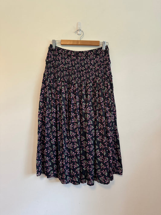 J. Crew Navy Floral Berry Smocked Waist Tiered Midi Skirt | Size Medium