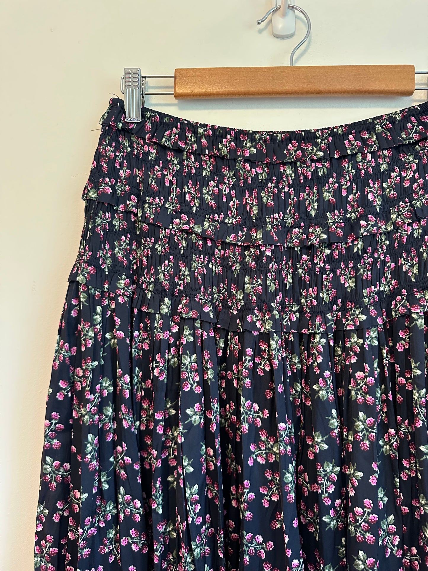 J. Crew Navy Floral Berry Smocked Waist Tiered Midi Skirt | Size Medium