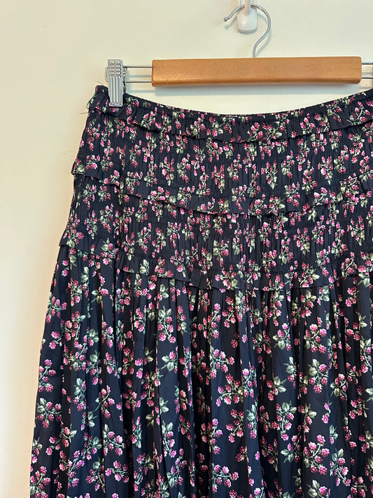 J. Crew Navy Floral Berry Smocked Waist Tiered Midi Skirt | Size Medium