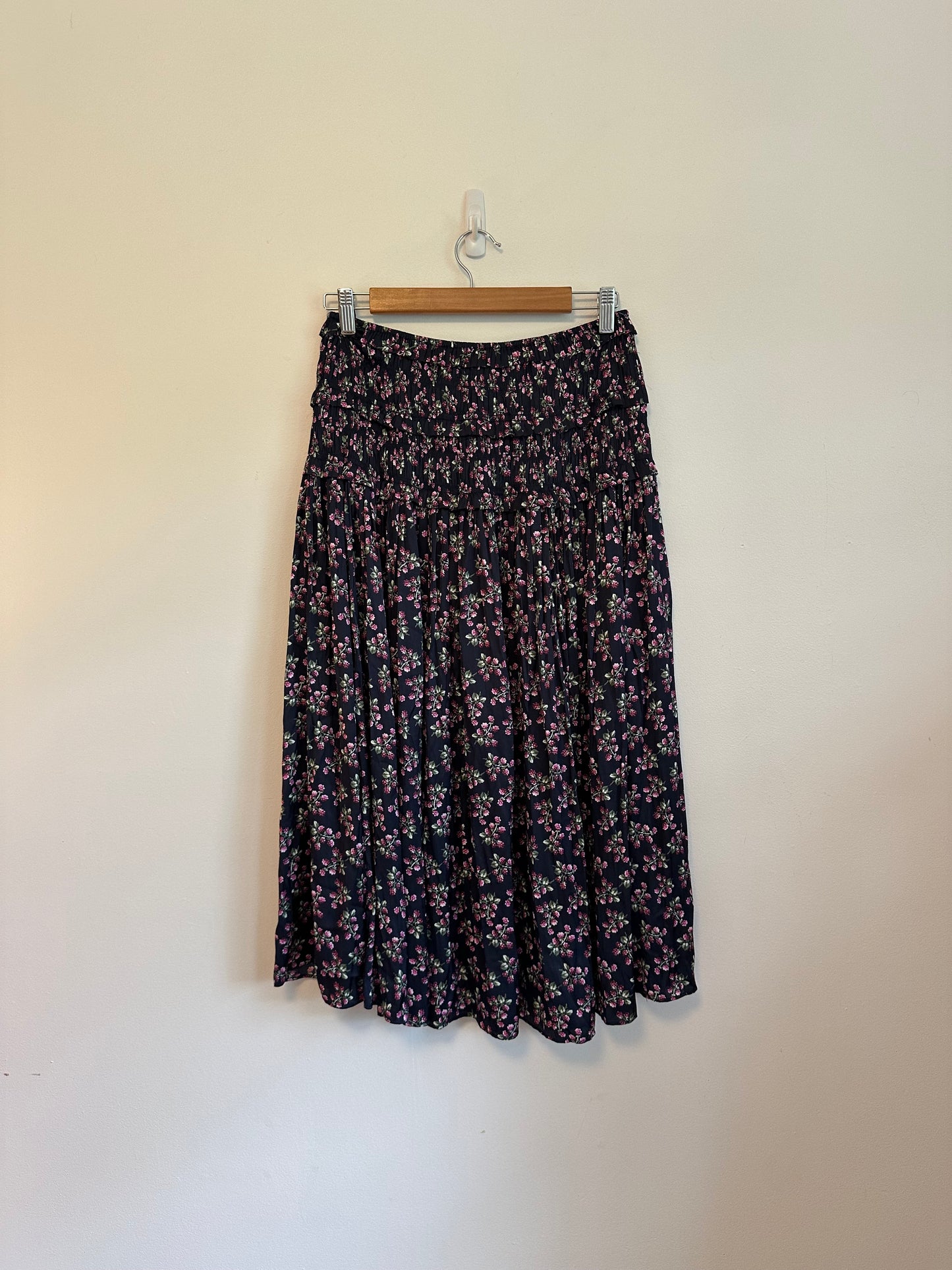 J. Crew Navy Floral Berry Smocked Waist Tiered Midi Skirt | Size Medium