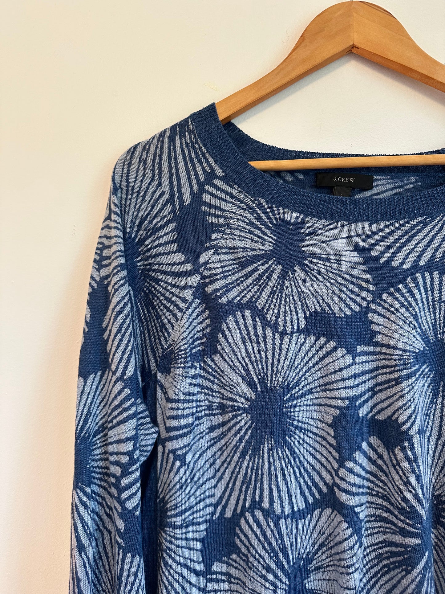 J. Crew Blue Floral Sunburst 100% Linen Raglan Knit Sweater | Size Large