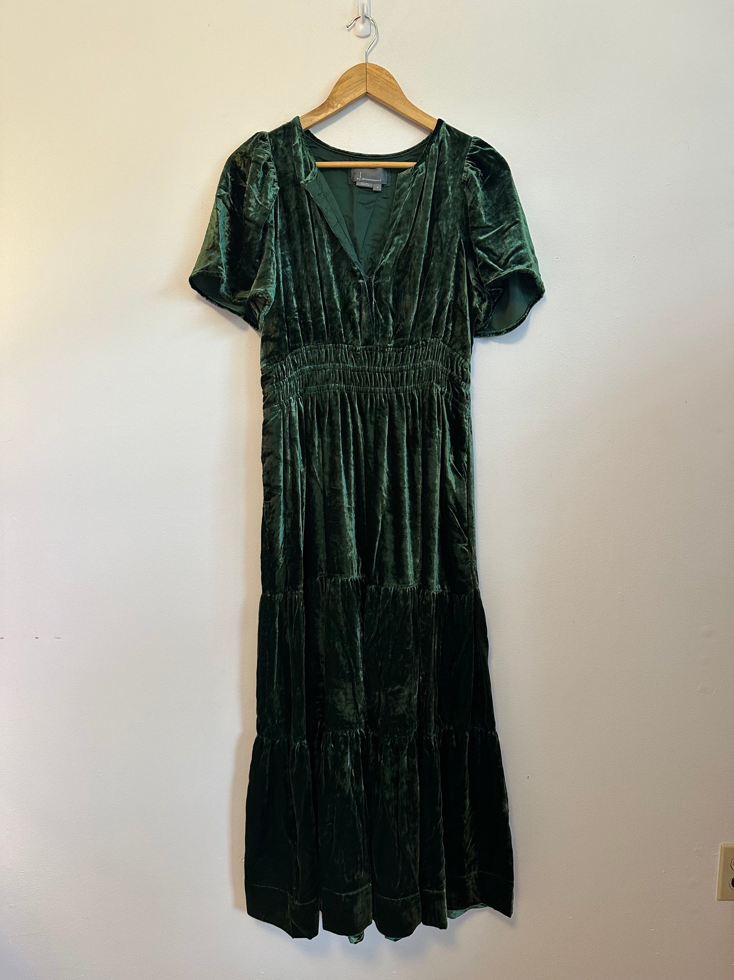 Anthropologie Green Crushed Velvet Smocked Maxi Dress | Size Medium