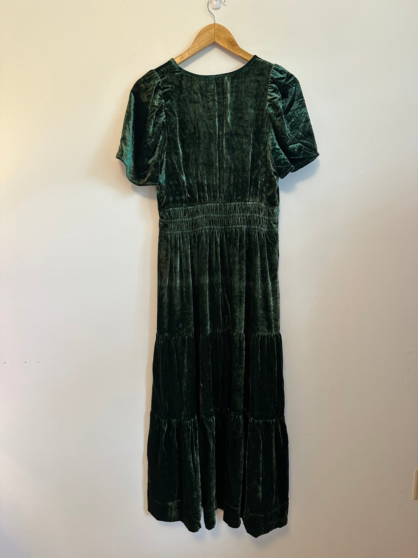 Anthropologie Green Crushed Velvet Smocked Maxi Dress | Size Medium