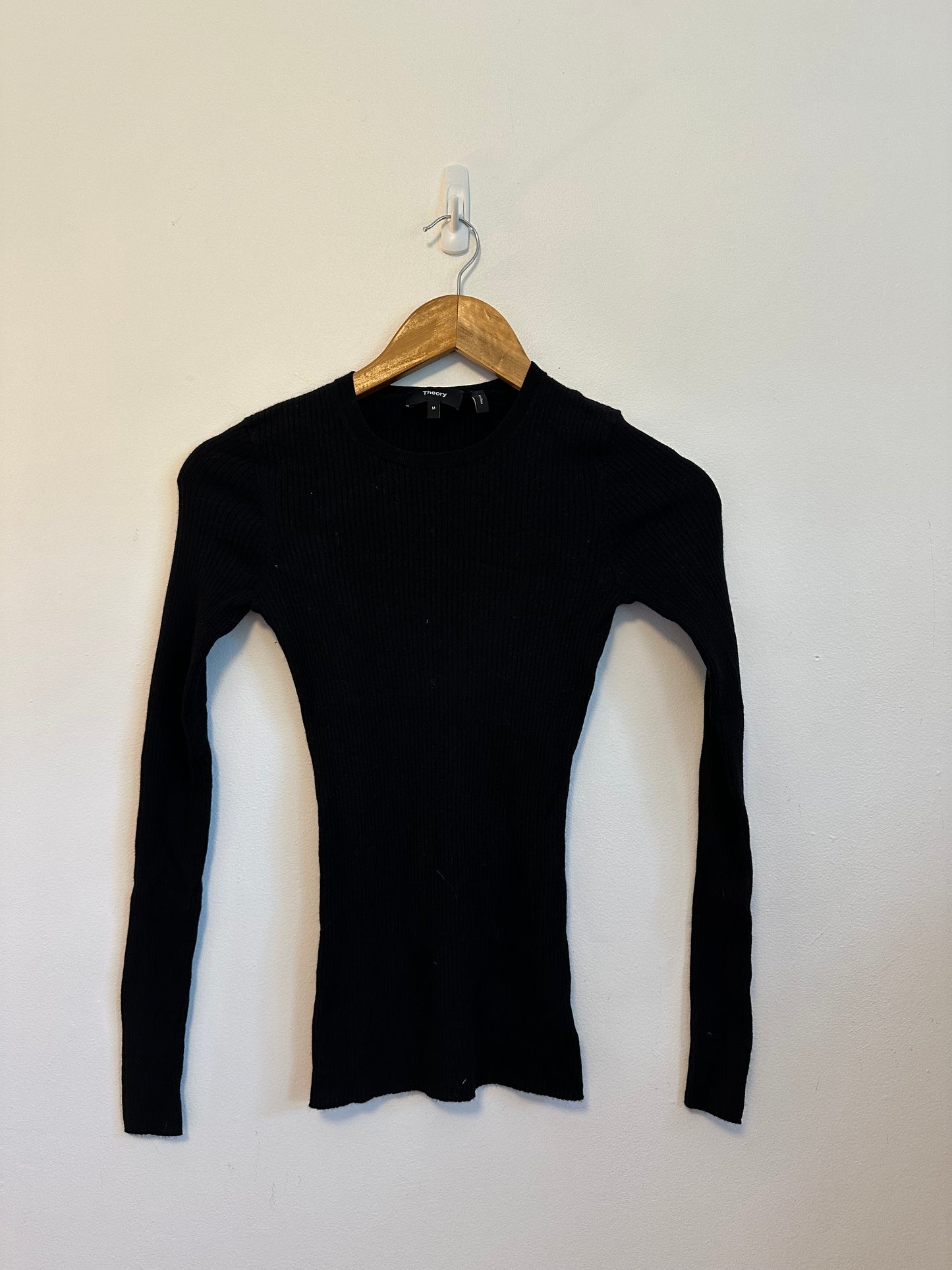 Theory Black Ribbed Long Sleeve Crew Neck Slim Fit Shirt | Size Medium