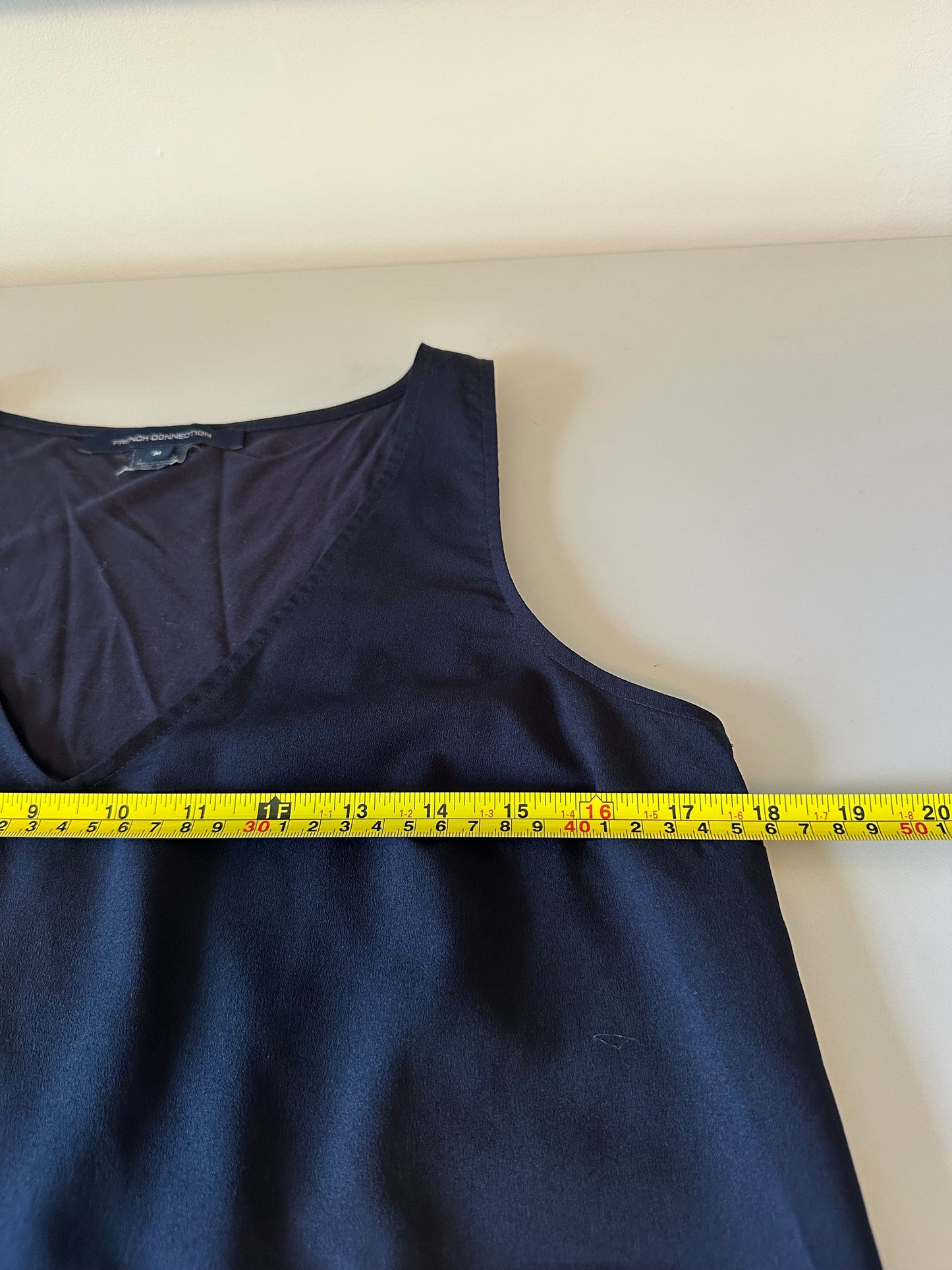 French Connection Navy Blue V-Neck Mixed Media Sleeveless Blouse | Size Medium
