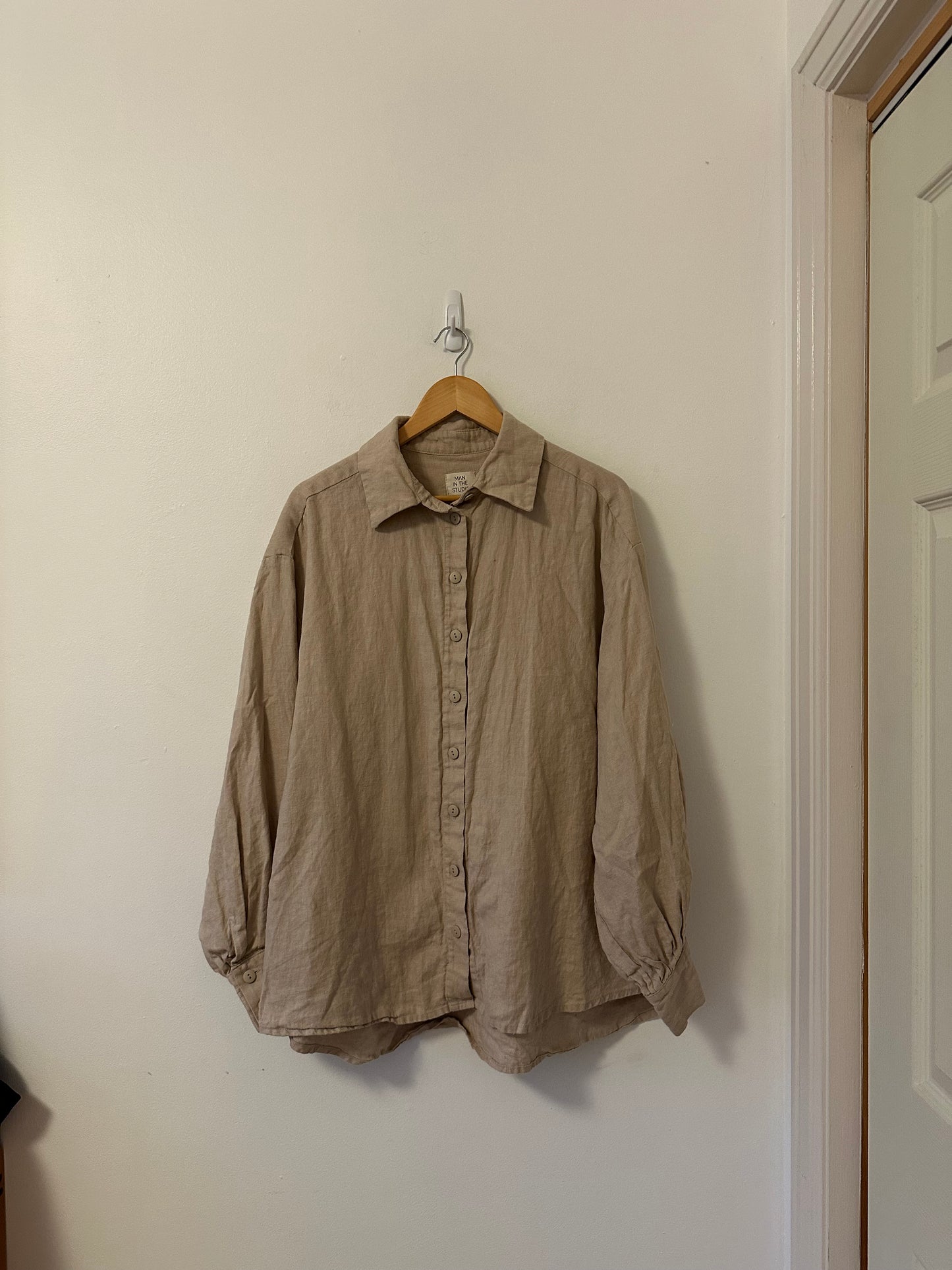 Man In The Studio Oversized Linen Tan Button Down Shirt