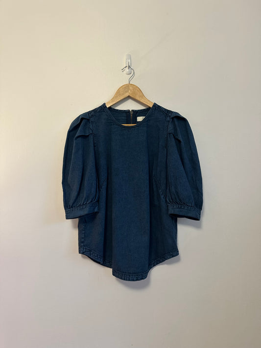Joie Denim Puff Sleeve Blouse Pleated Shoulder Top | Size Medium