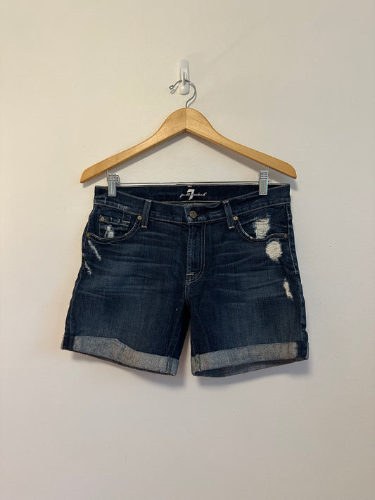 7 For All Mankind Distressed Dark Wash Denim Cuffed Shorts | Size 28