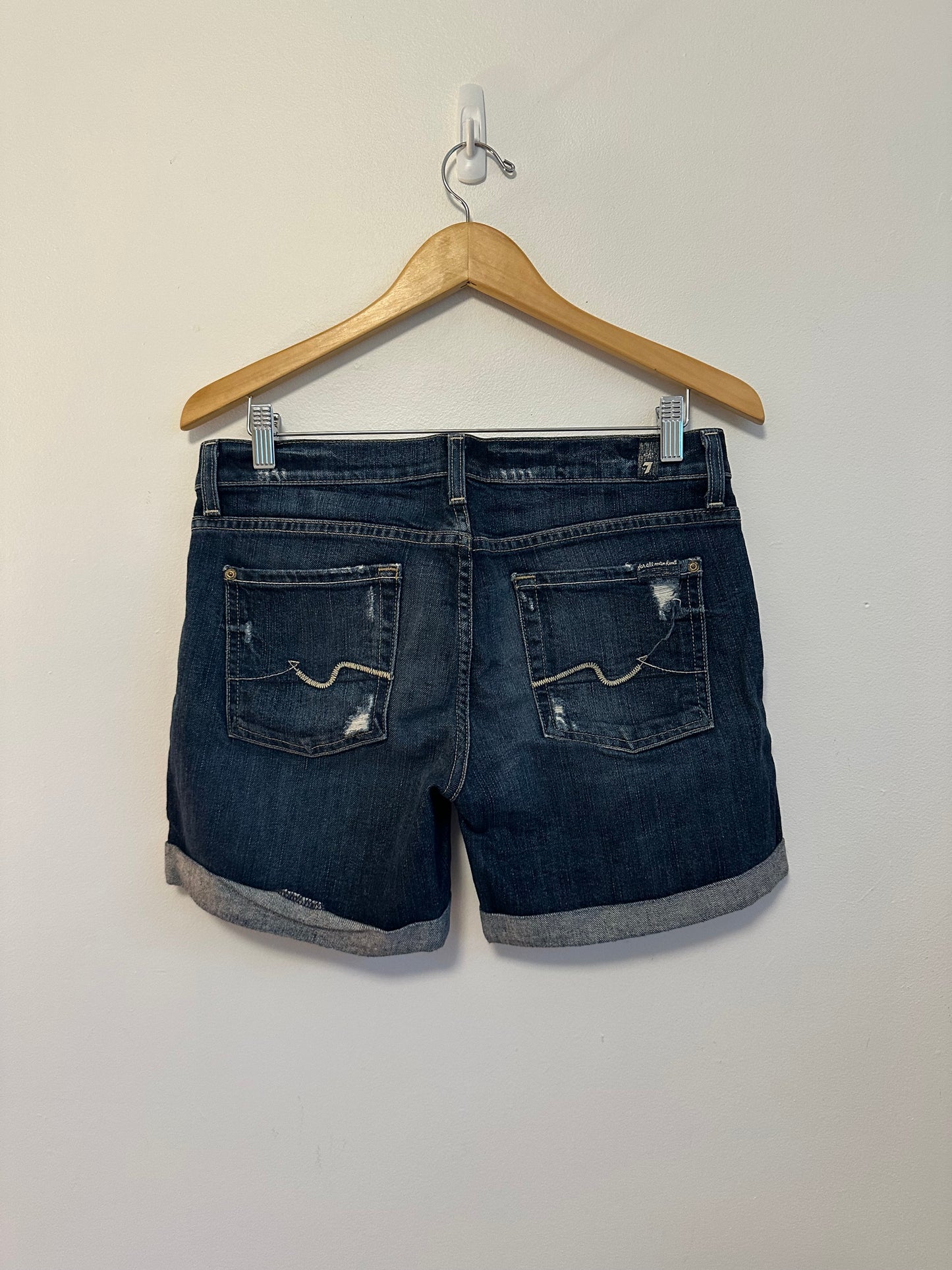 7 For All Mankind Distressed Dark Wash Denim Cuffed Shorts | Size 28