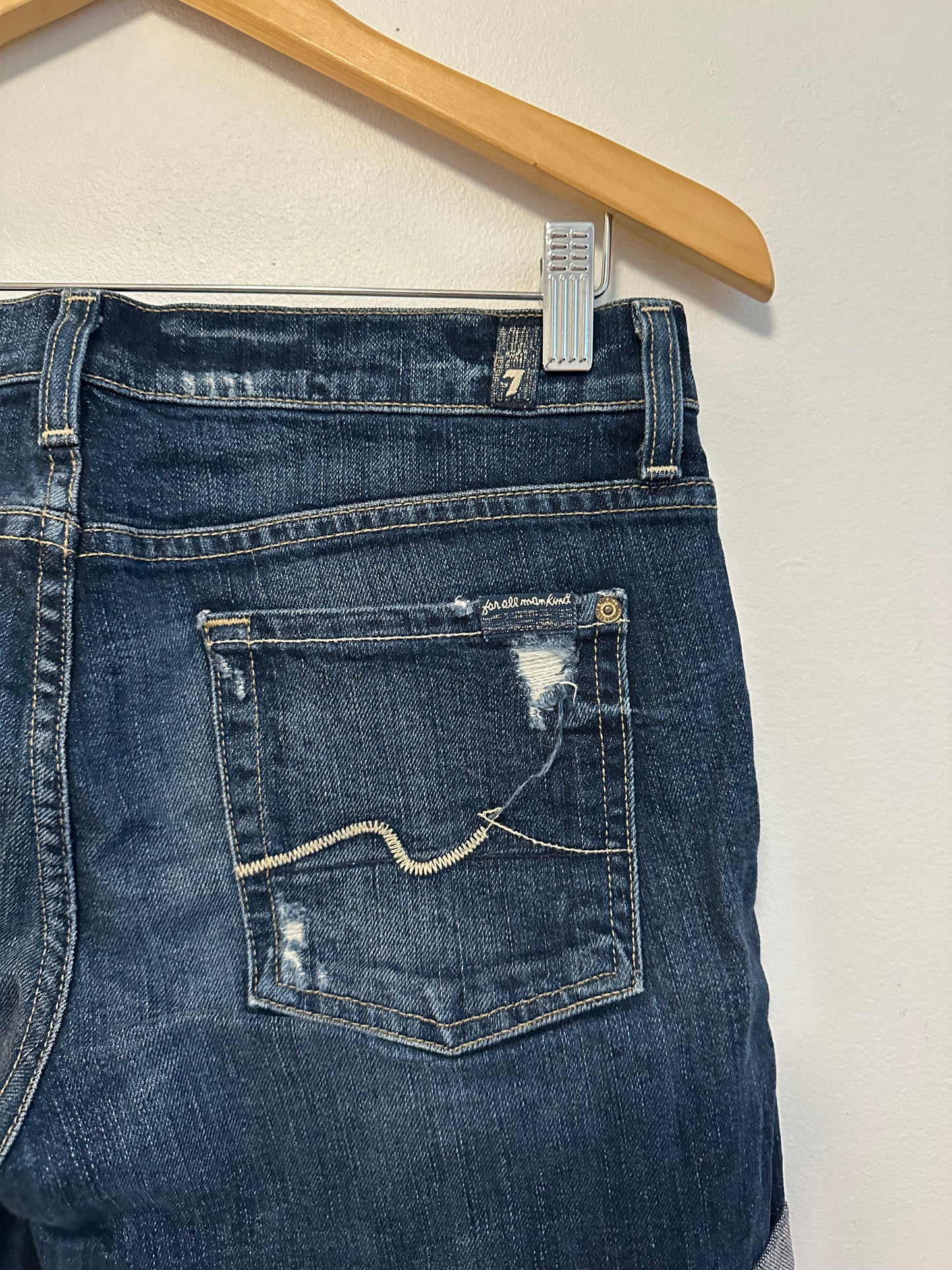 7 For All Mankind Distressed Dark Wash Denim Cuffed Shorts | Size 28