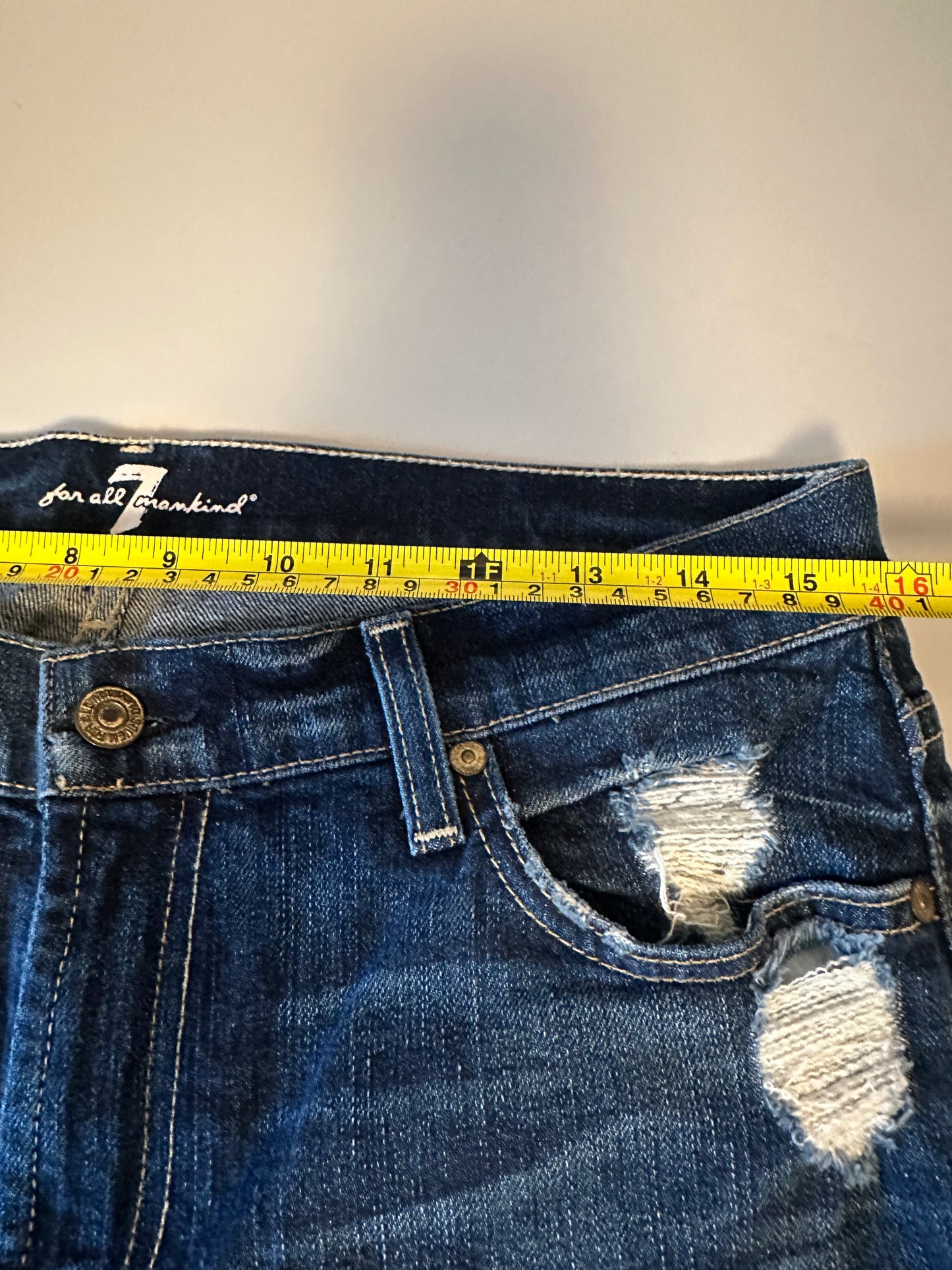 7 For All Mankind Distressed Dark Wash Denim Cuffed Shorts | Size 28