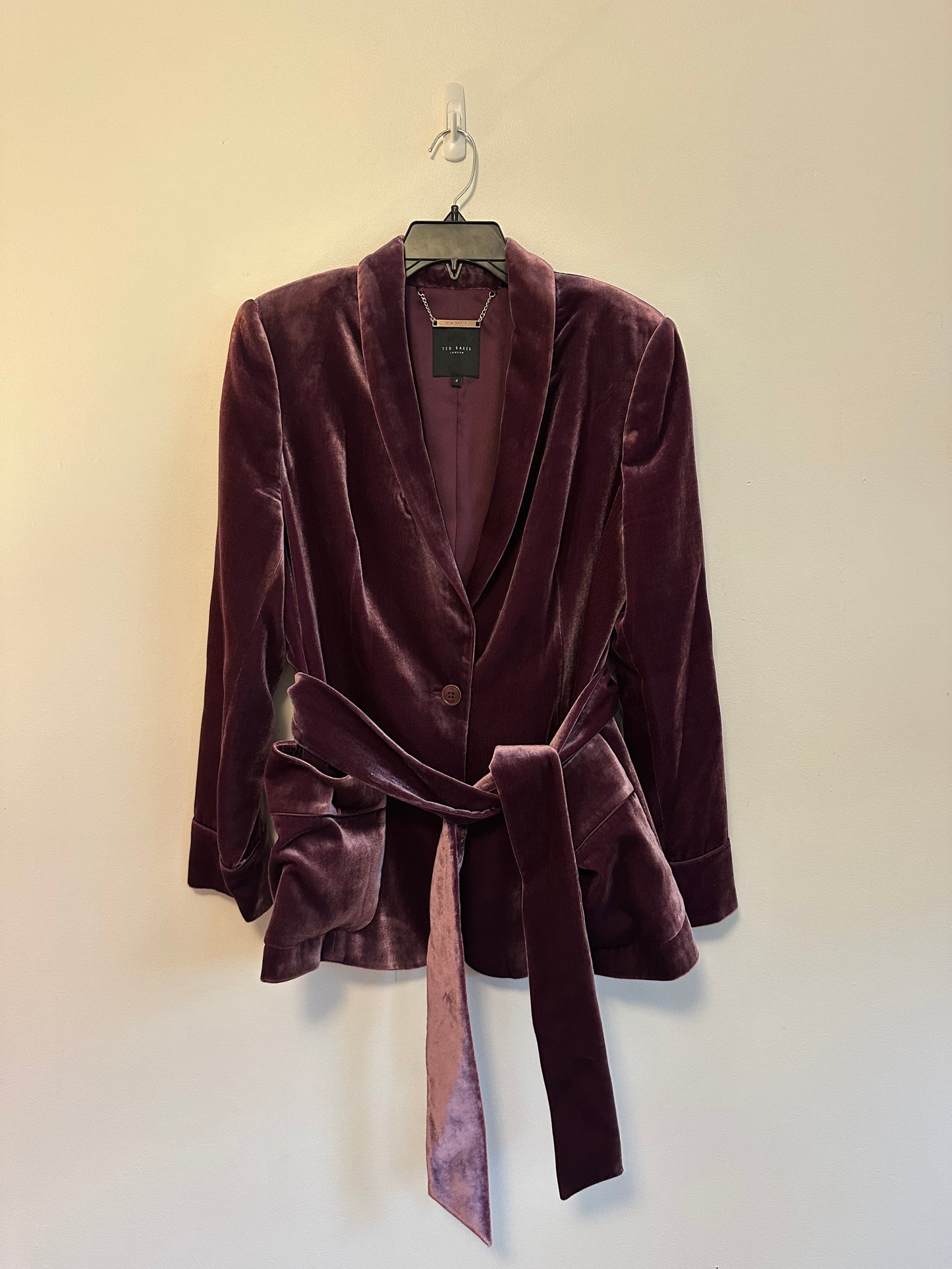 Ted Baker London Purple Silk Blend Velvet Shawl Collar Belted Blazer Jacket | Size 4
