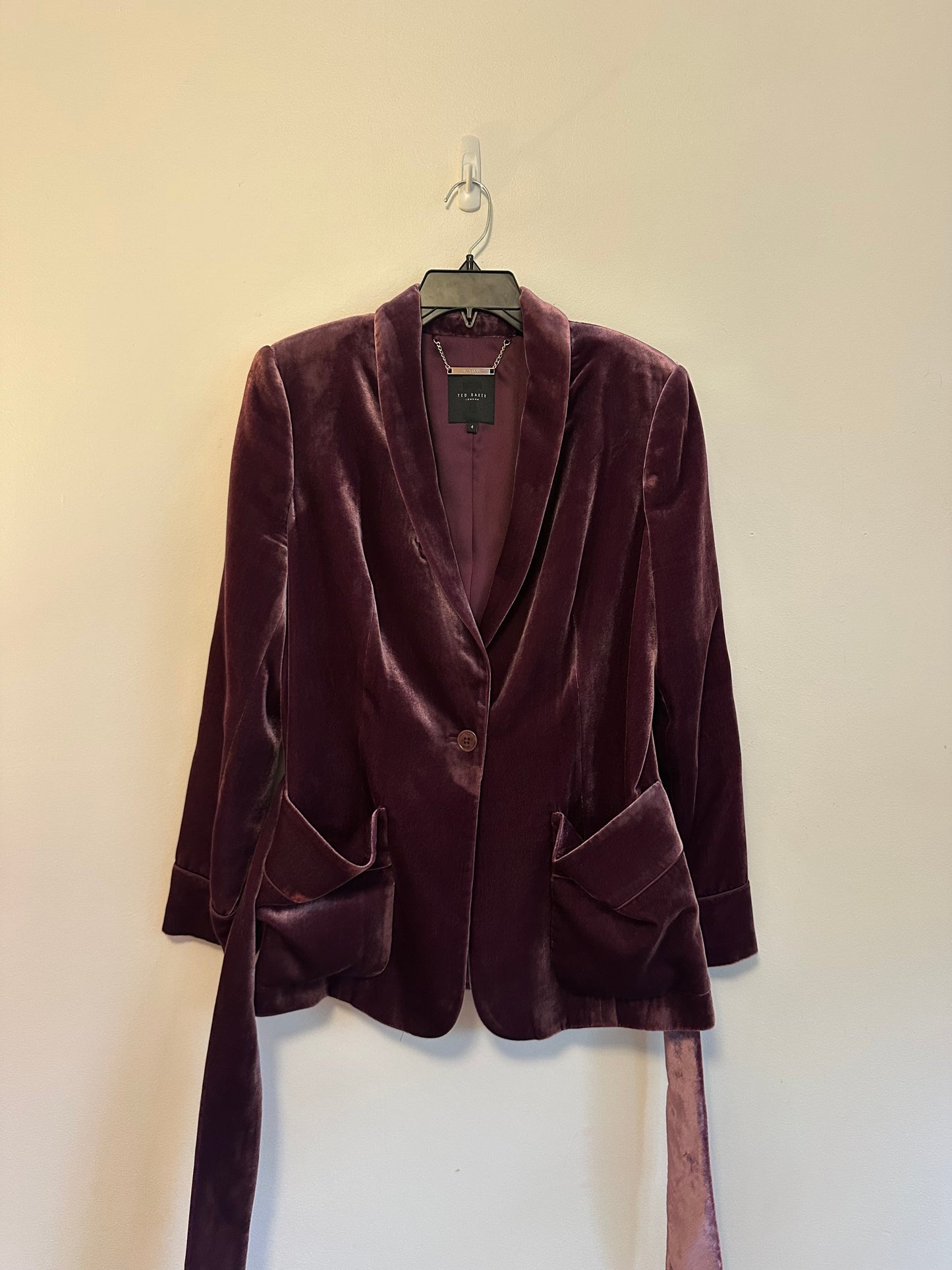 Ted Baker London Purple Silk Blend Velvet Shawl Collar Belted Blazer Jacket | Size 4