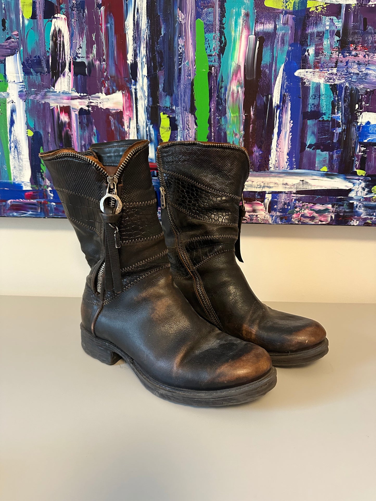 AS98 Airstep Black Leather Distressed Moto Mid Calf Boots | Size 39