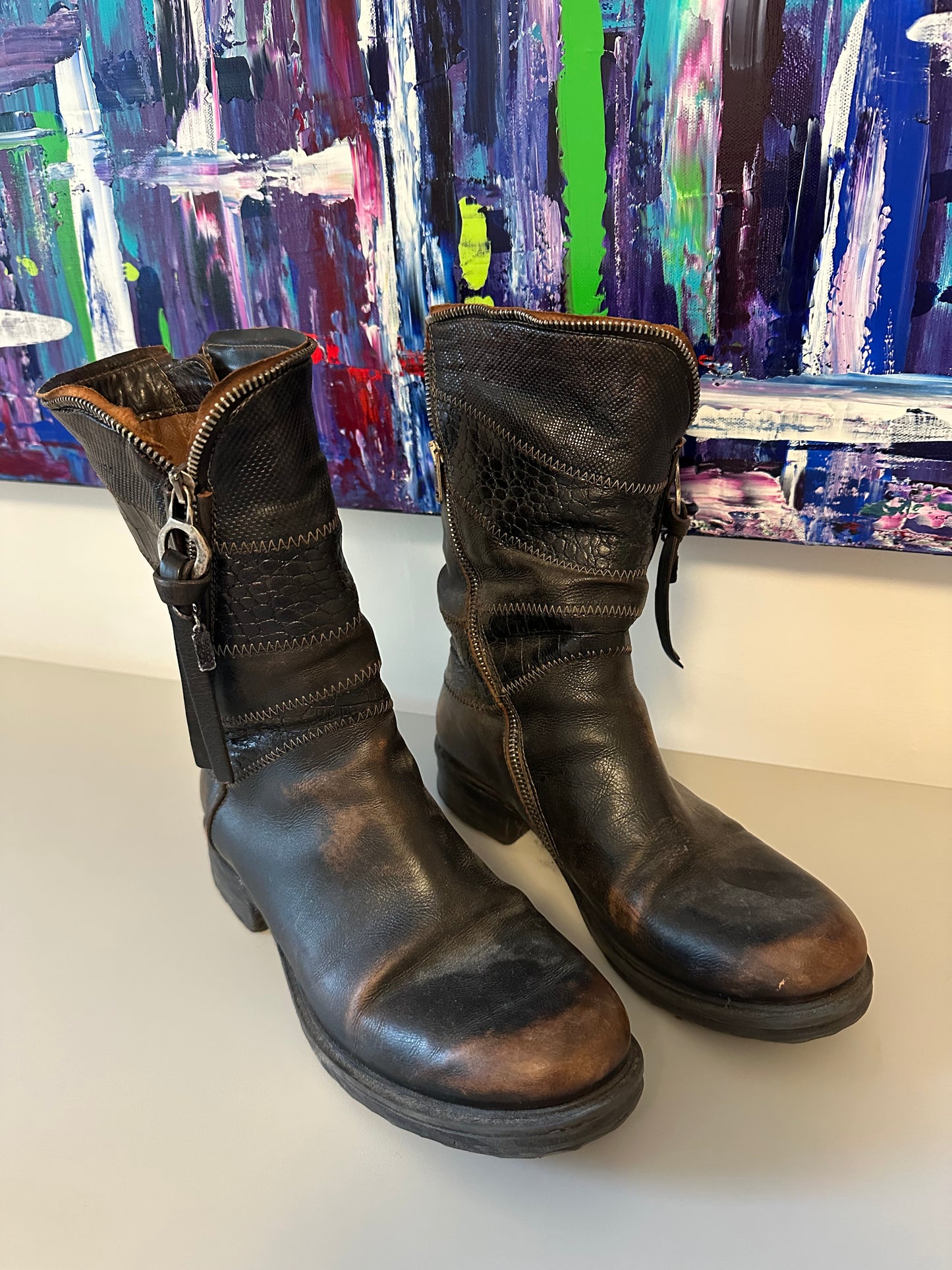 AS98 Airstep Black Leather Distressed Moto Mid Calf Boots | Size 39