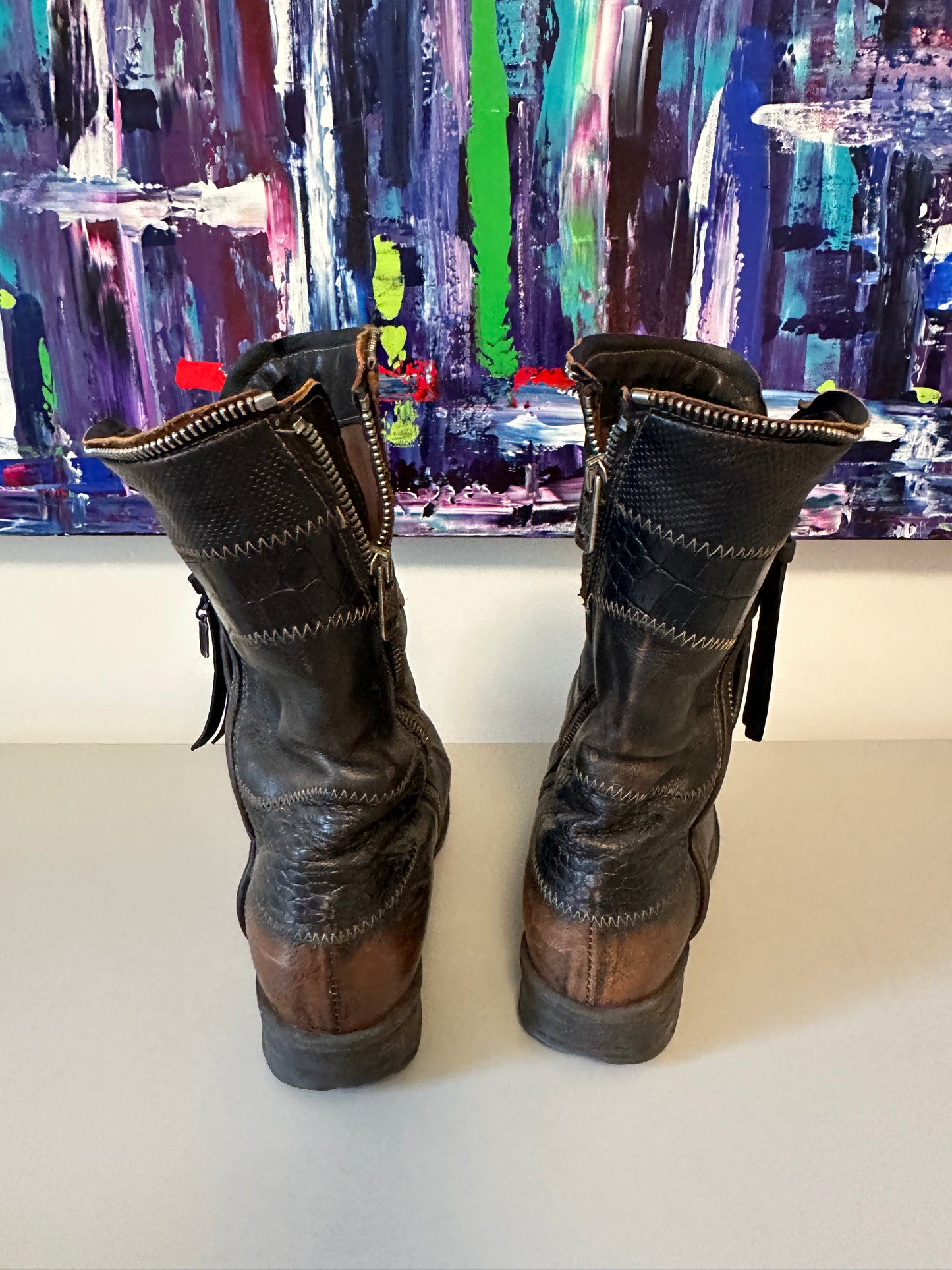 AS98 Airstep Black Leather Distressed Moto Mid Calf Boots | Size 39