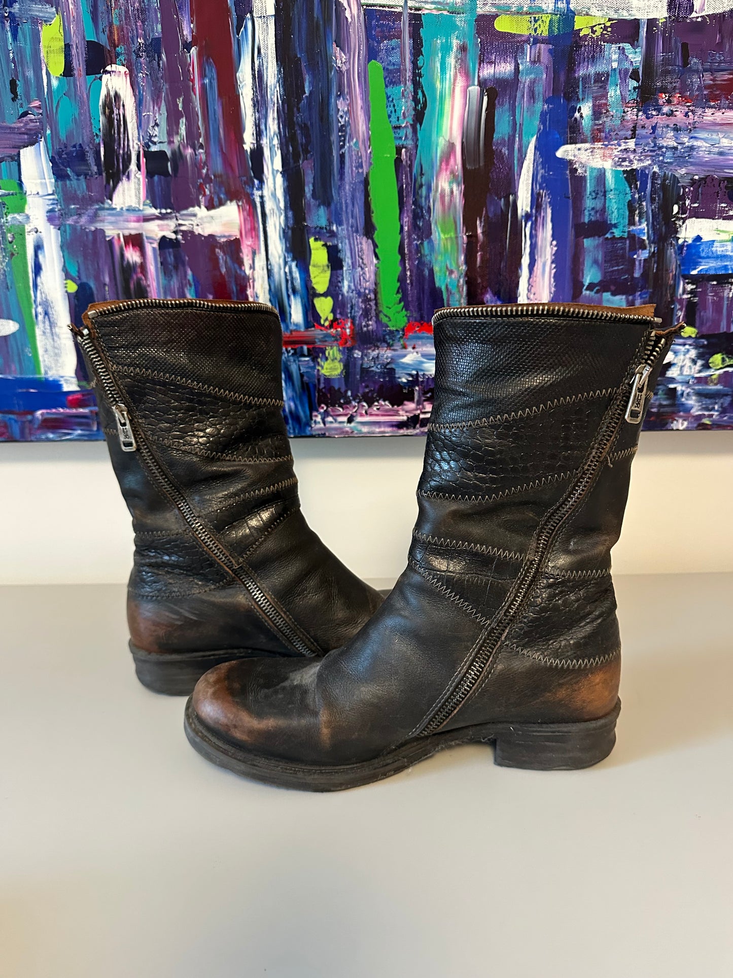AS98 Airstep Black Leather Distressed Moto Mid Calf Boots | Size 39