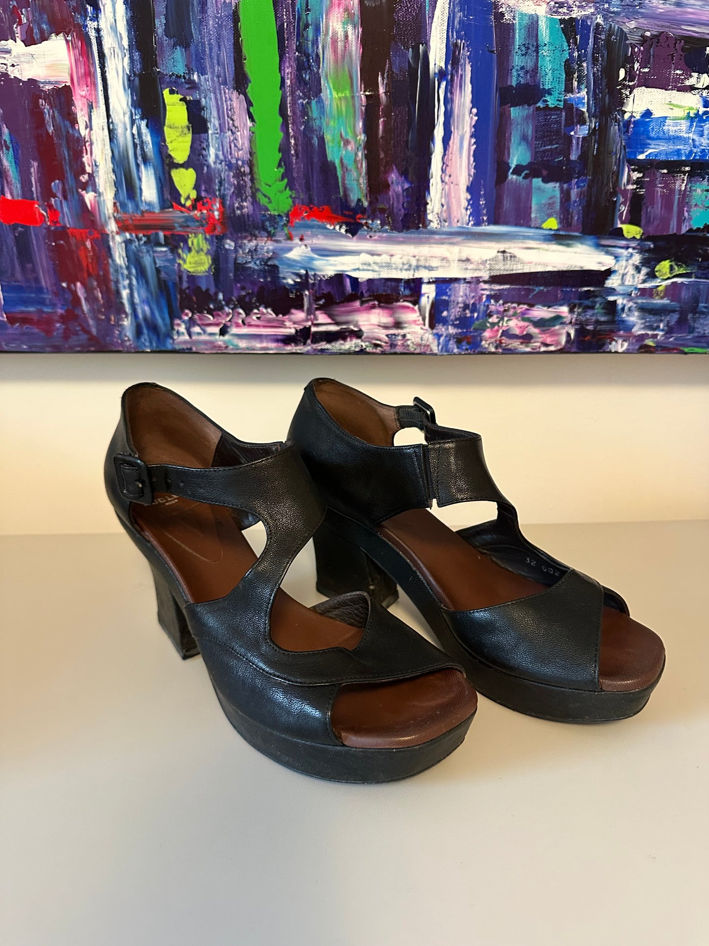 Audley London Vella Black Leather Platform Block Heel Sandals | Size 38.5