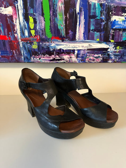 Audley London Vella Black Leather Platform Block Heel Sandals | Size 38.5