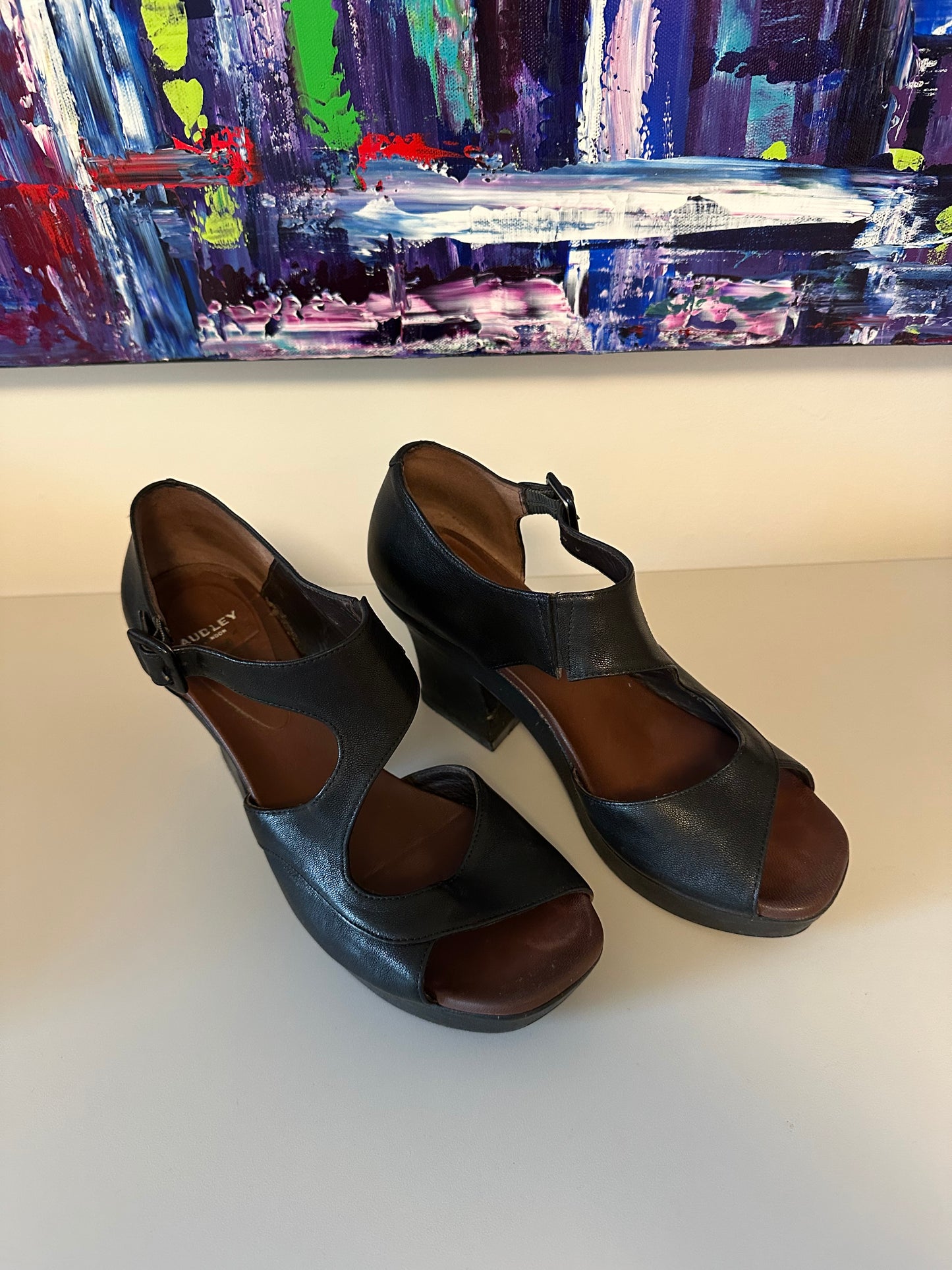 Audley London Vella Black Leather Platform Block Heel Sandals | Size 38.5