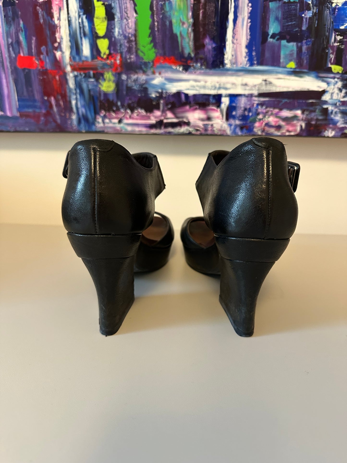 Audley London Vella Black Leather Platform Block Heel Sandals | Size 38.5