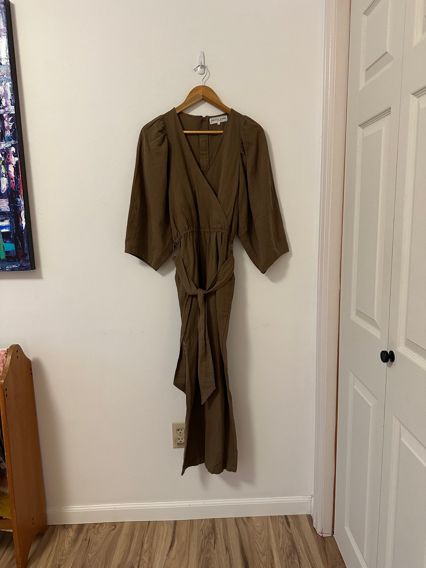 Apiece Apart Meru Wrap Linen and Cotton Olive Green Jumpsuit | Size 6