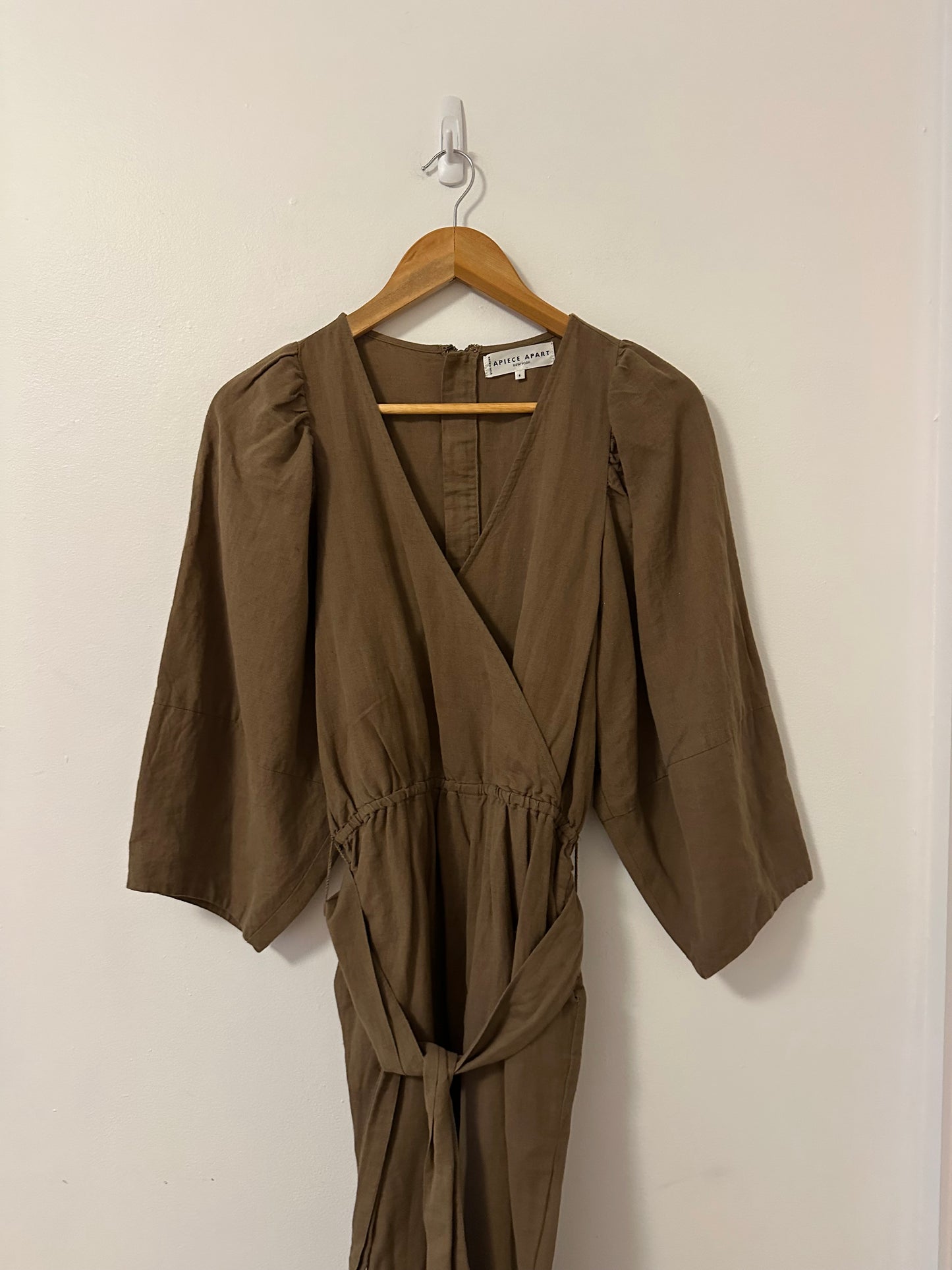 Apiece Apart Meru Wrap Linen and Cotton Olive Green Jumpsuit | Size 6
