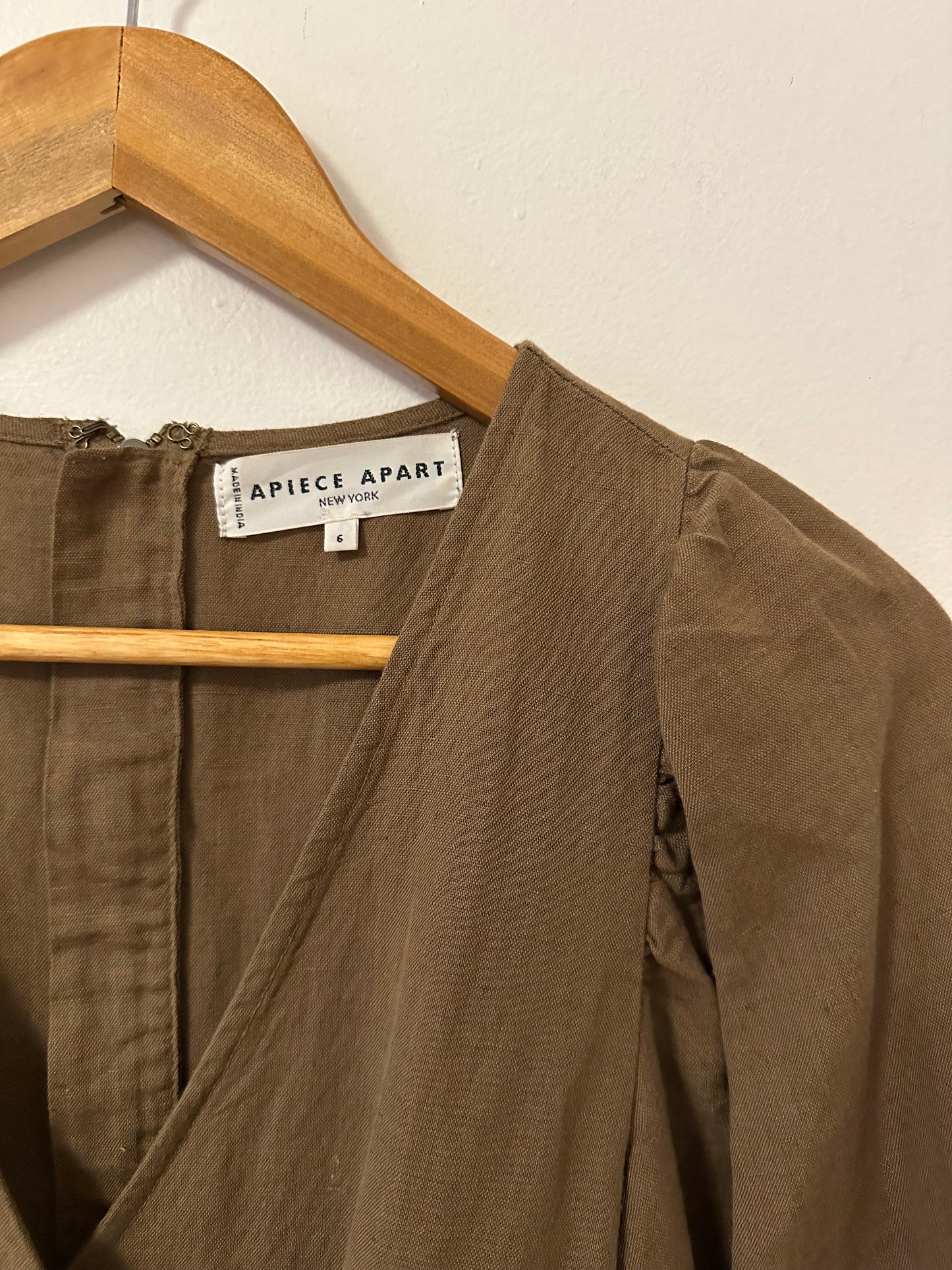 Apiece Apart Meru Wrap Linen and Cotton Olive Green Jumpsuit | Size 6