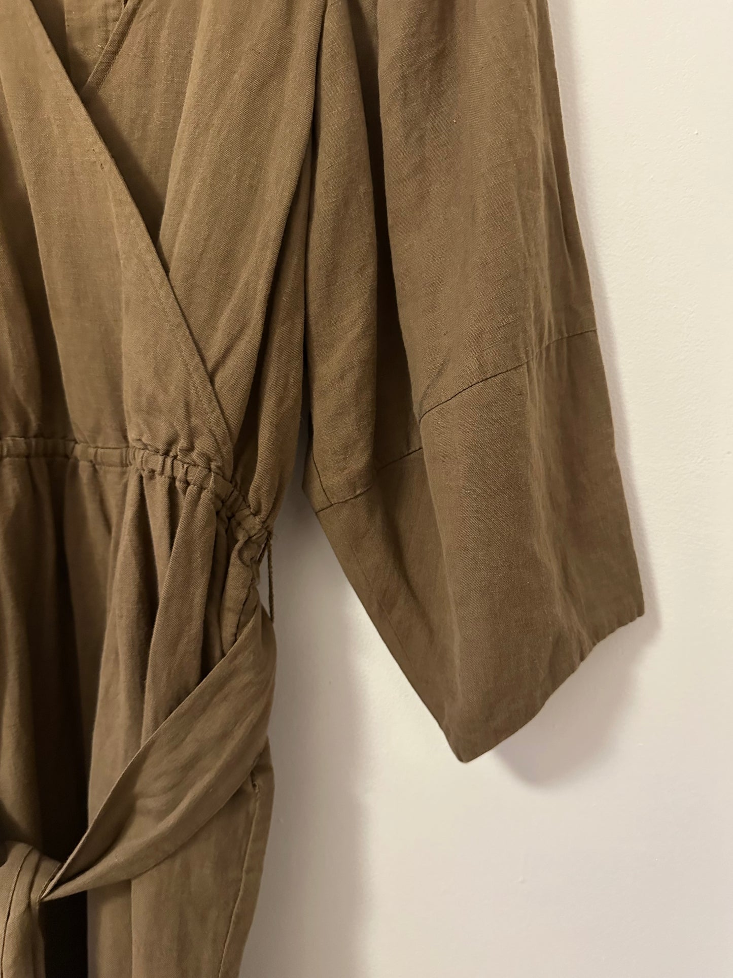 Apiece Apart Meru Wrap Linen and Cotton Olive Green Jumpsuit | Size 6