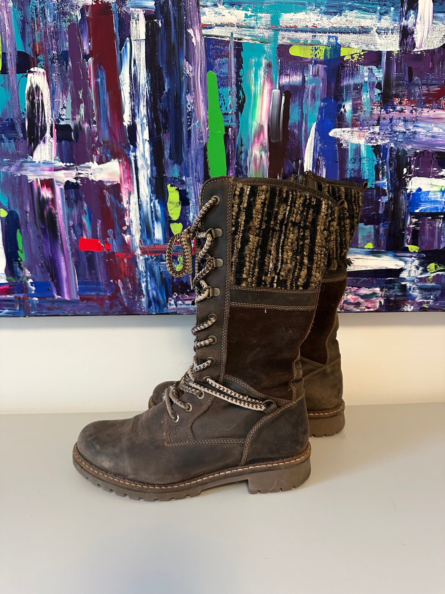 Bos & Co Brown Leather Knit Trim Lug Sole Winter Boots | Size 38 / 7.5