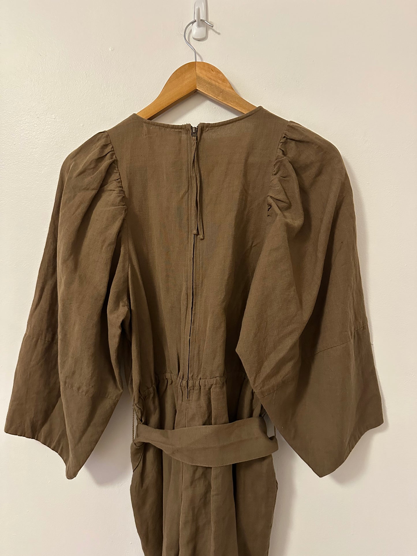 Apiece Apart Meru Wrap Linen and Cotton Olive Green Jumpsuit | Size 6